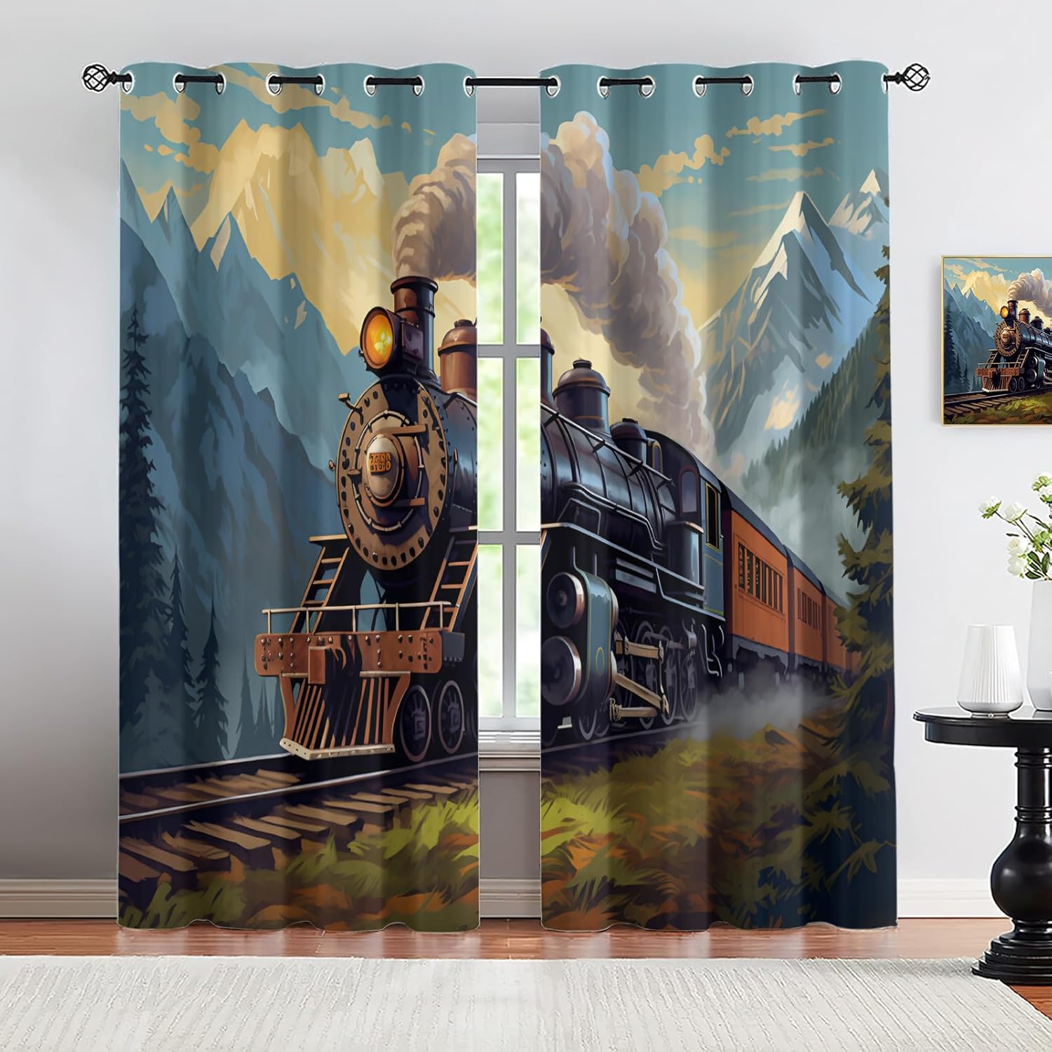 Vintage Train Black Out Curtains 63 inch Long 2 Panels, Steam Engine Locomotive Curtains for Bedroom Living Room Decor, Steam Train Window Treatment Drapes with Grommet