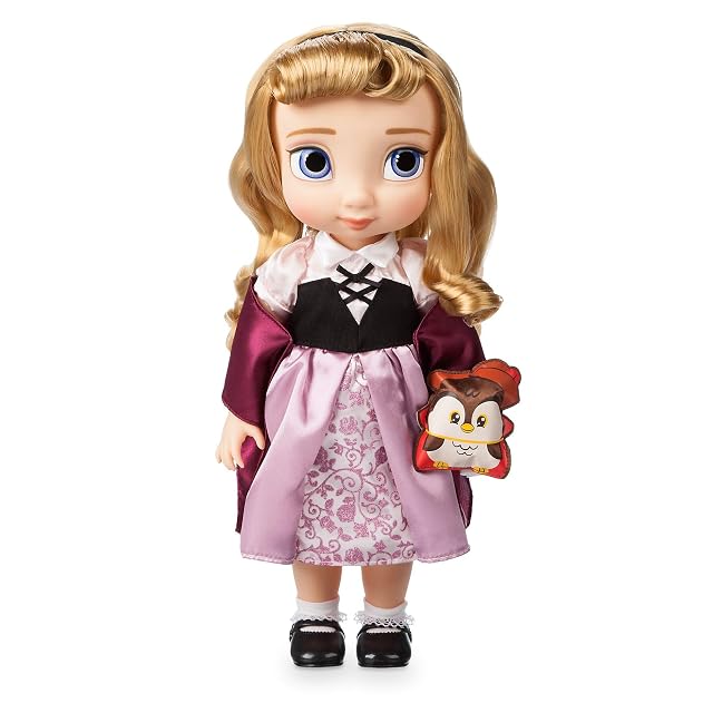Disney Store: muñeca de Princesa niña Coleccionable de La Bella Durmiente (colección Animators), Aurora, 39 cm, Pelo enraizado y Traje realistas, Peluche de búho en Raso Acolchado, Mayores de 3 años