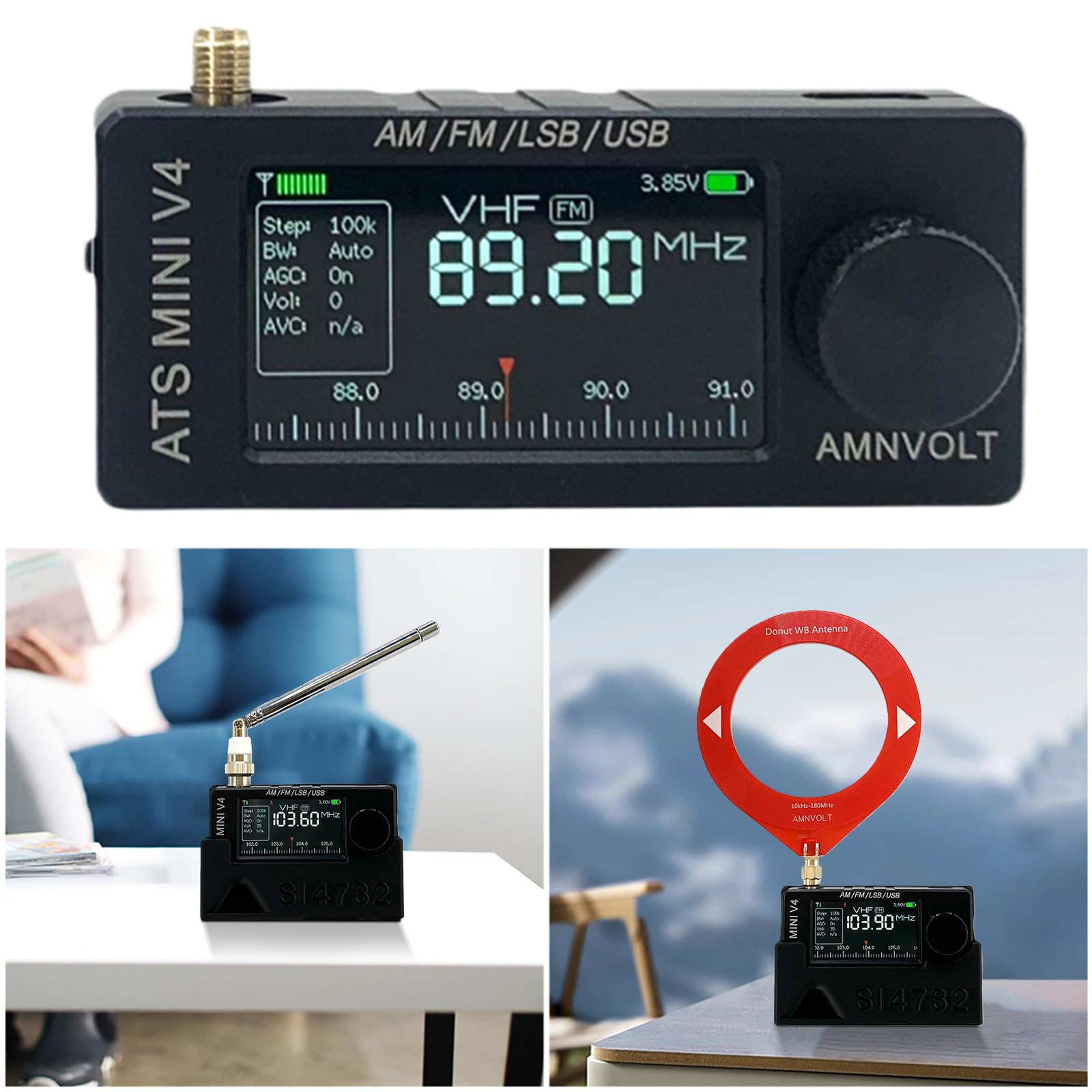Radio AMNVOLT V4 ATS Mini con Soporte y Amplificador de Auriculares, Receptor portátil Am FM con Pantalla IPS de 1,9 Pulgadas para Senderismo, Camping y excursiones