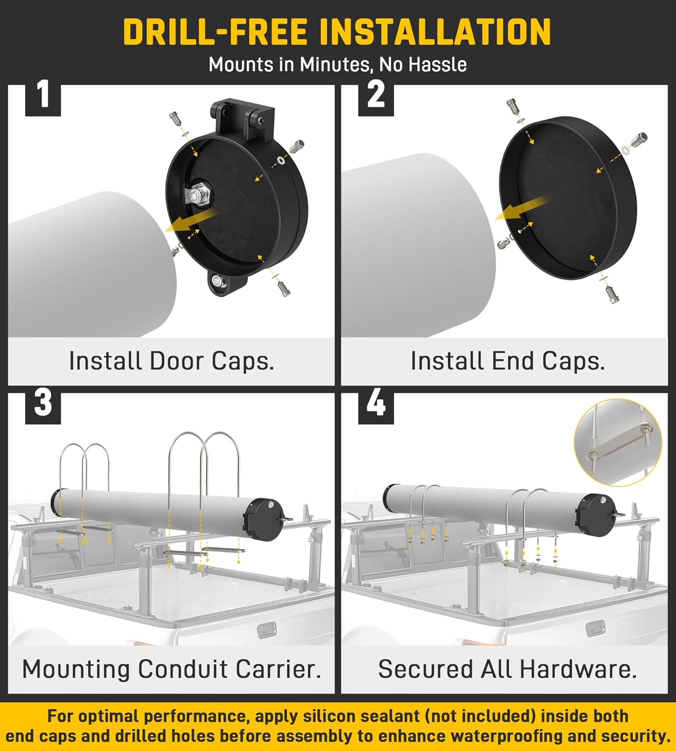 Wyckoff 6”Conduit Carrier Kit, Aluminum Locking End Caps for 6 Inch PVC Pipe - Mounting Hardware Included, Spring-Loaded Latch, Weather-Resistant Door Gasket, No Drilling Required - Black