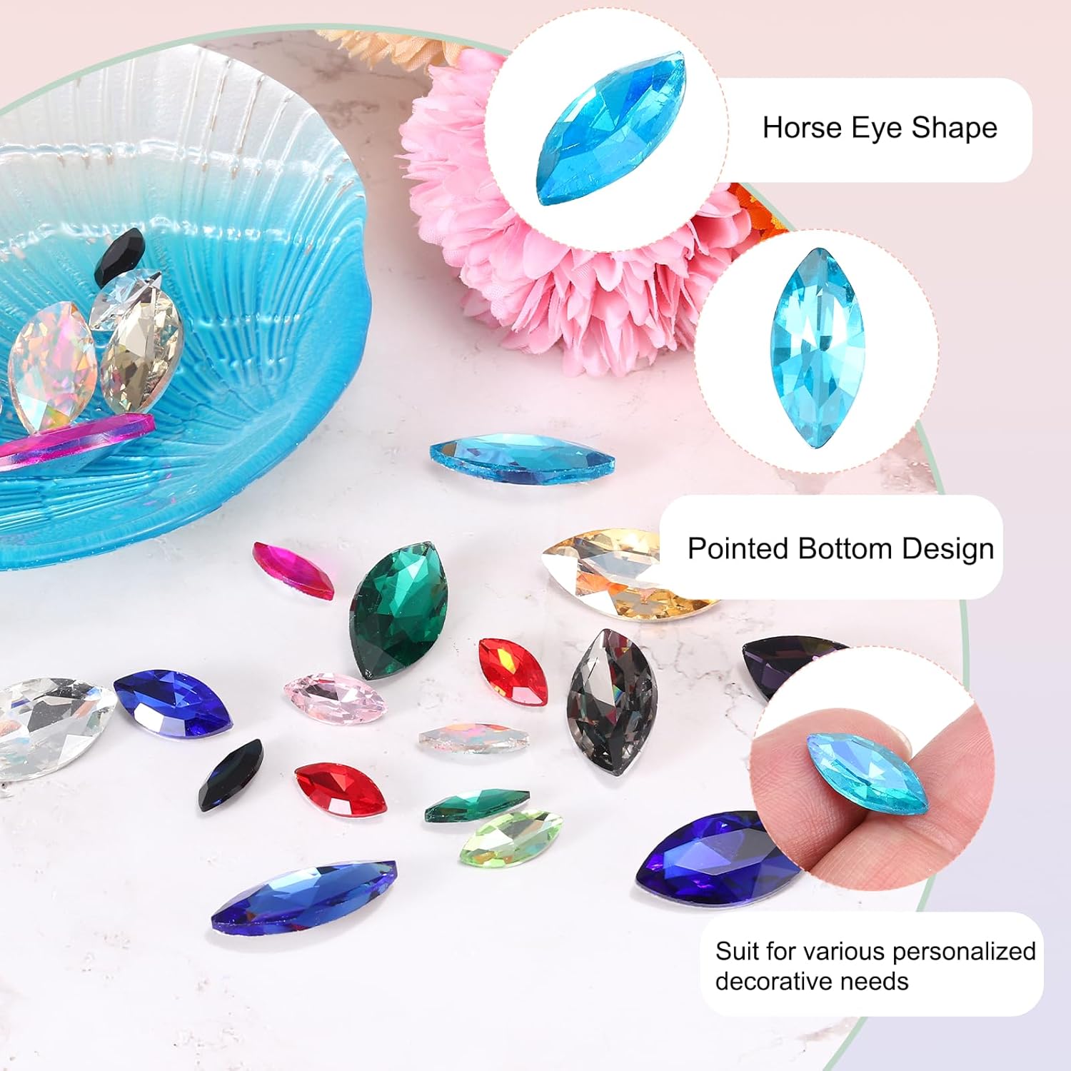 MECCANIXITY 30 Pcs Horse Eye Shape Rhinestones, 7 x 15 mm Point Back Rhinestone Beads for Jewelry Making Crafts Costume Crystal Embellishments, Shiny Lake Blue - Image 3