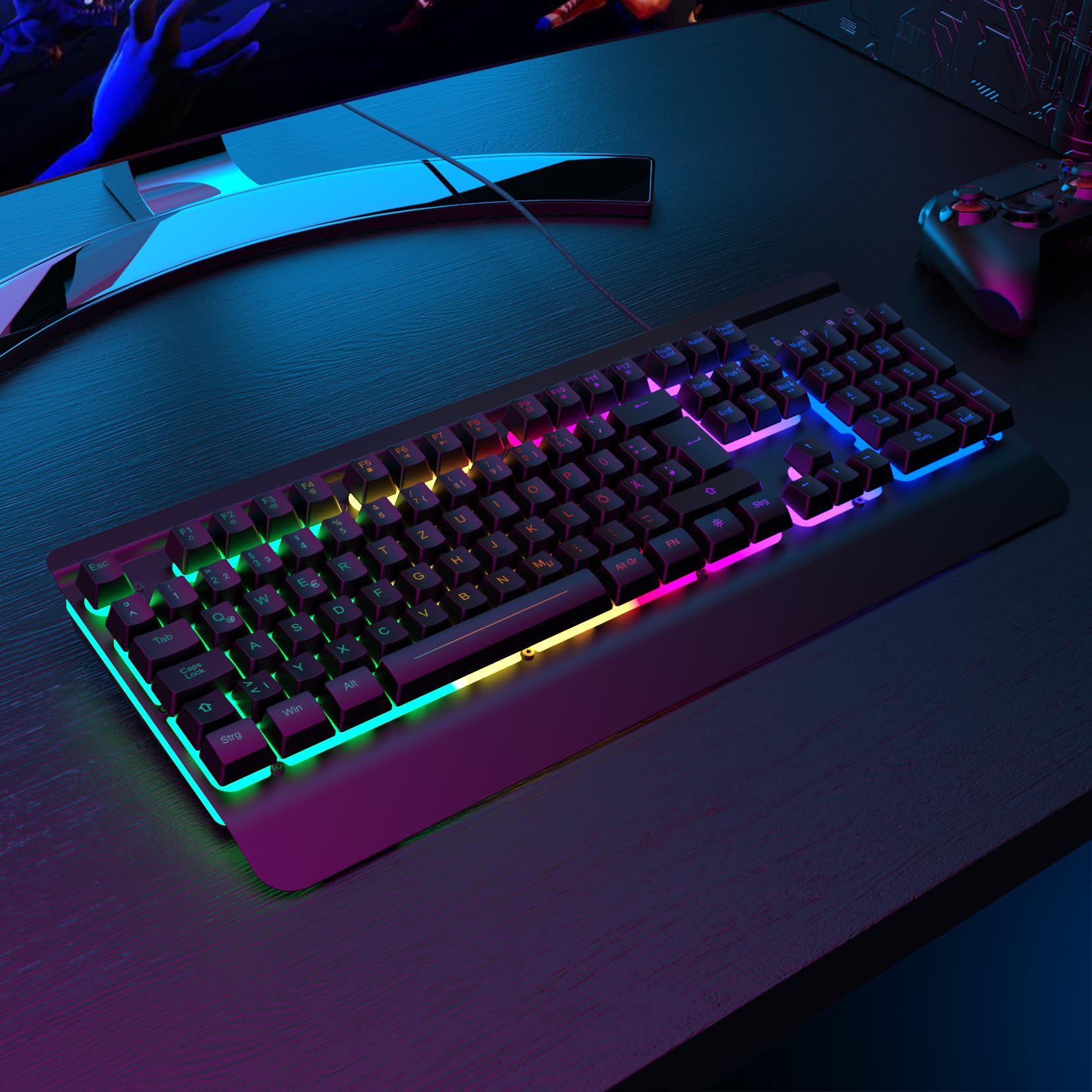 RisoPhy Gaming Tastatur, QWERTZ, Vollmetallgehäuse, Regenbogen-LED-Hintergrundbeleuchtung, Leise Computer Tastatur, Handballenauflage, Beleuchtet Tastatur mit Kabel USB für PC und Mac Gamer