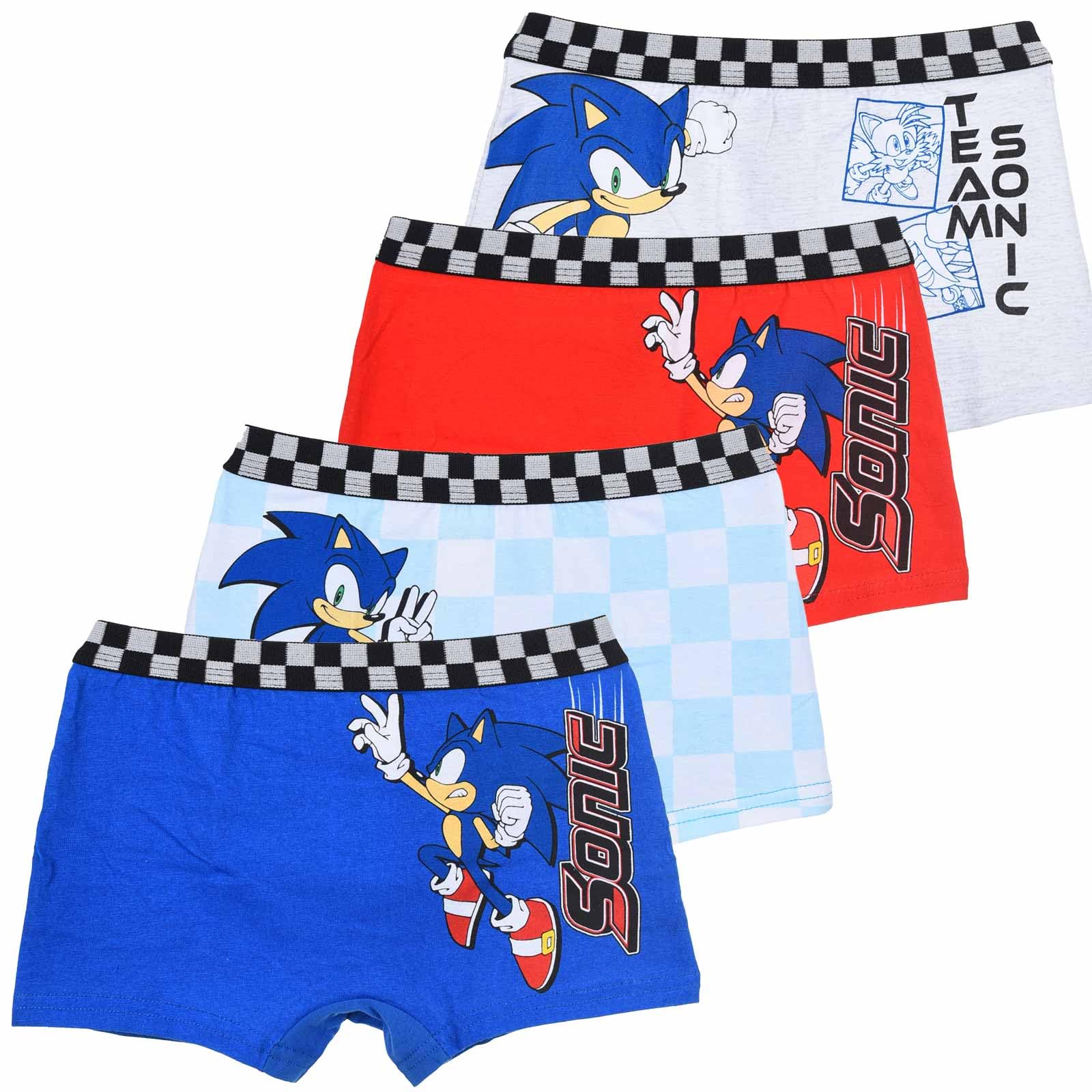 Suncity Lot de 4 Boxers Garçon Sonic The Hedgehog, 95% Coton, Ceinture Damier, Multicolore Blanc/Bleu/Rouge, sous-Vêtements Licence Officielle
