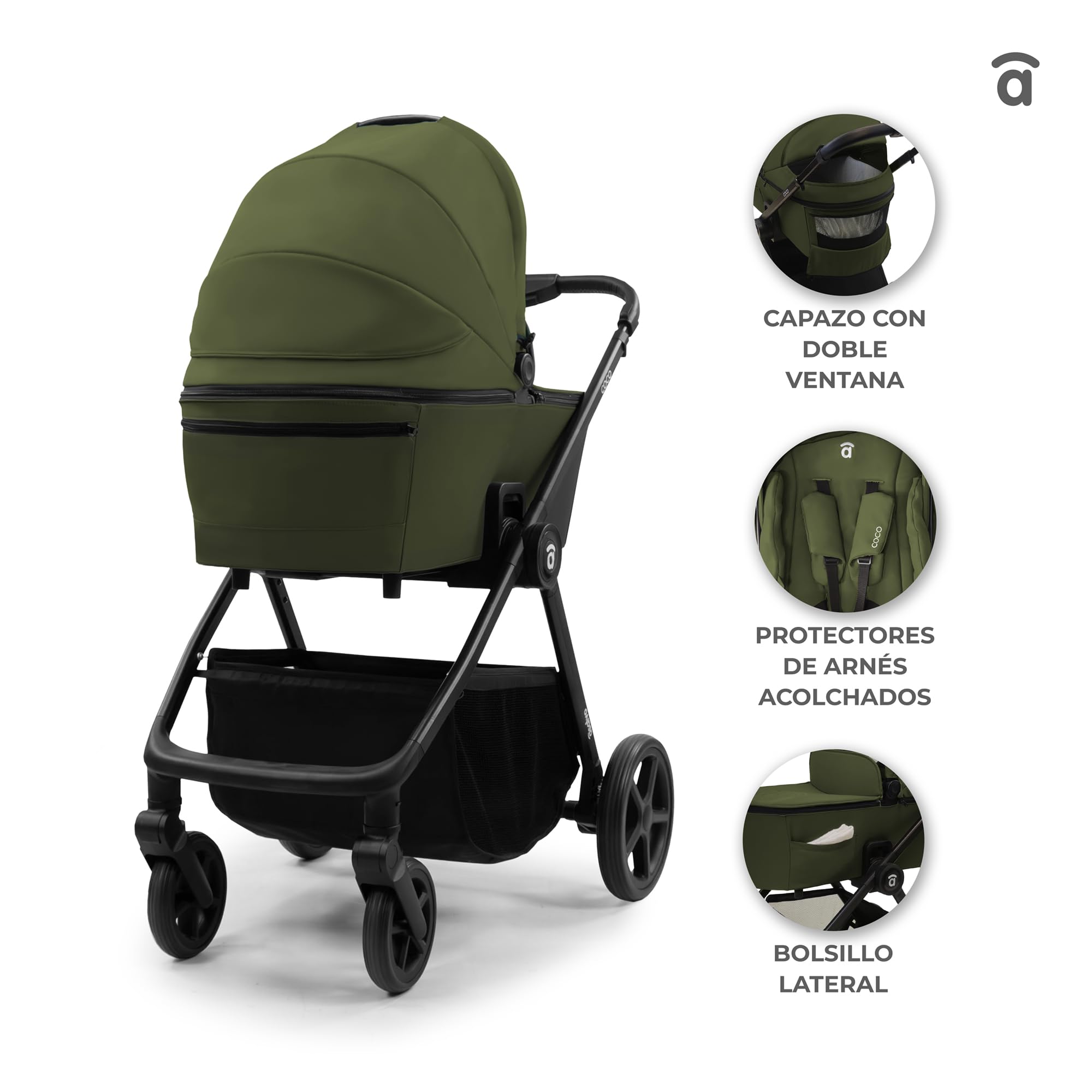 ASALVO Carrito Bebé 2 en 1 con Capazo y Silla de Paseo, Hasta 22 kg, Plegado Libro Compacto, Suspensión Total, Arnés de 5 Puntos, Dúo Coco Verde