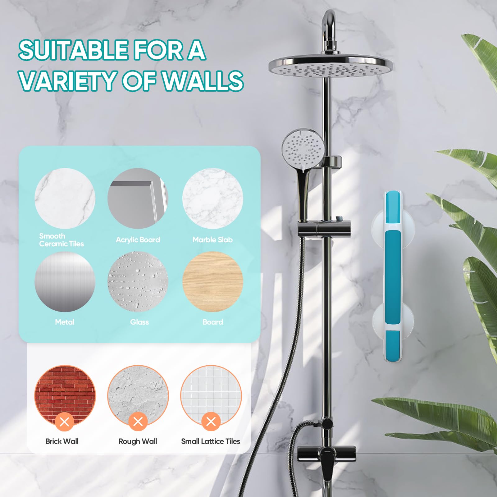 Maniglia Doccia per Anziani con Ventosa, Blu | Max 110 kg, Per Disabili, Senza Foratura, Handy Grasp Pro
