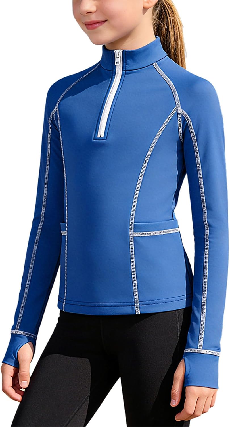 Kids Zipper Scrub Jacket Horse Riding Shirts for Girls Slim Fit Athletic Tops Sweatshirt with Pockets