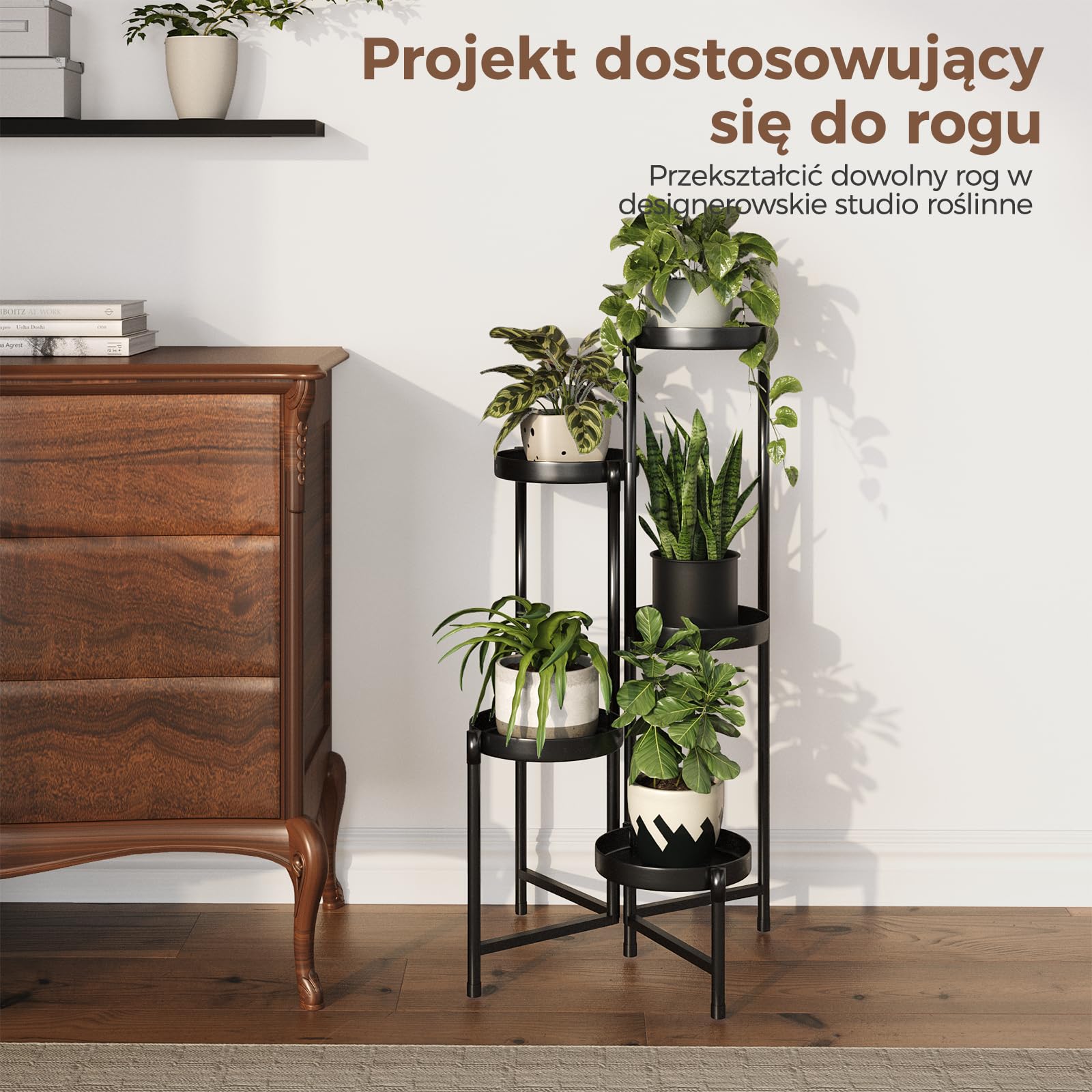 Bamworld Stojak na Rośliny Wewnątrz Na Zewnątrz Składany 5-Poziomowy Metalowy Stojak na Kwiaty, Kątowa Wielopoziomowa Półka na Rośliny do Ogrodu Balkonu Tarasu Salonu Sypialni