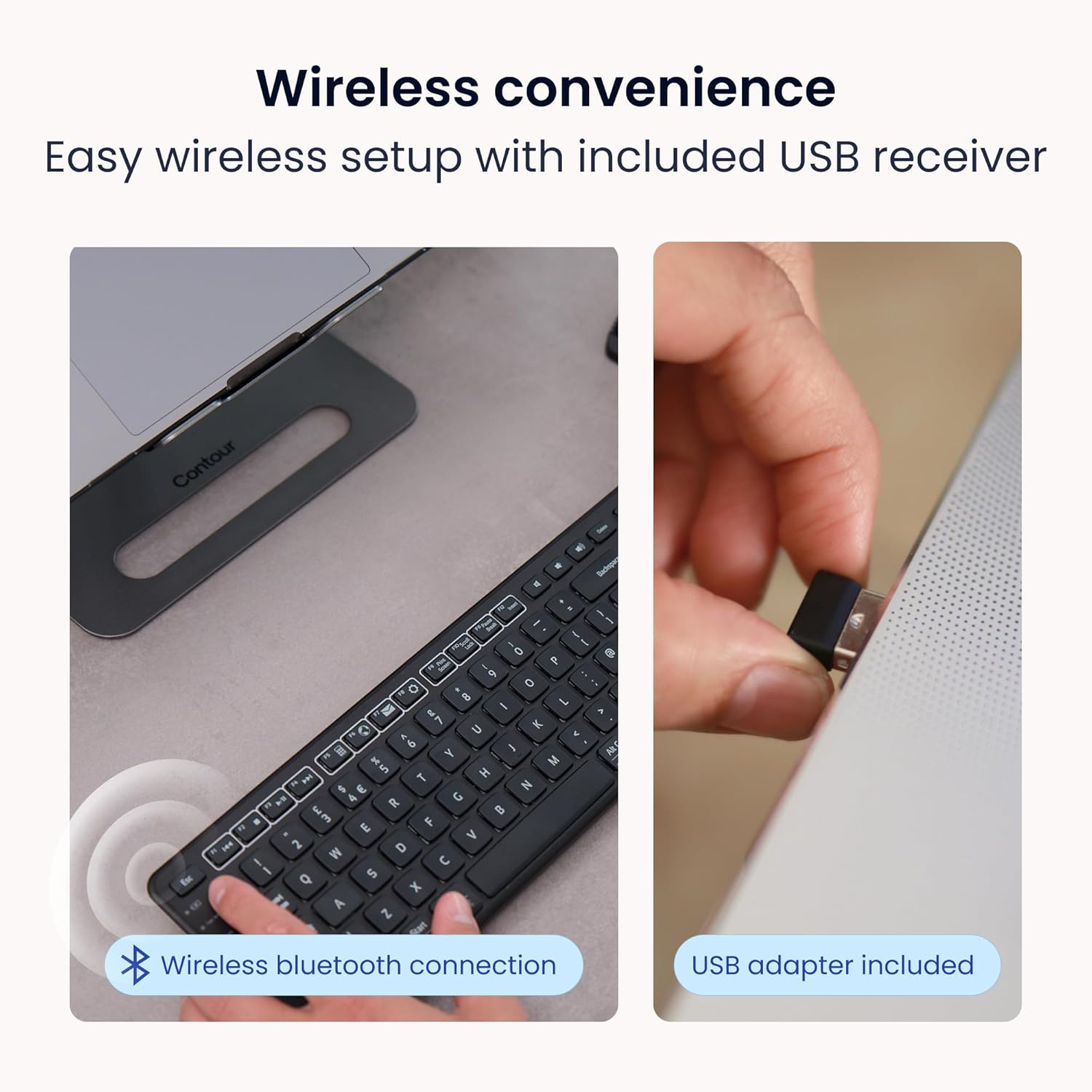 Contour Design Wireless Balance Keyboard with USB receiver being plugged into a computer