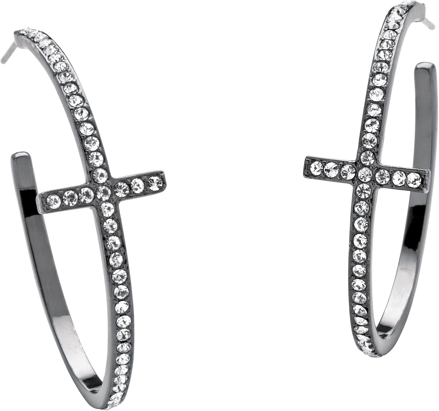 PalmBeach Black Ruthenium Plated Round Crystal Cross Hoop Earrings (40mm)