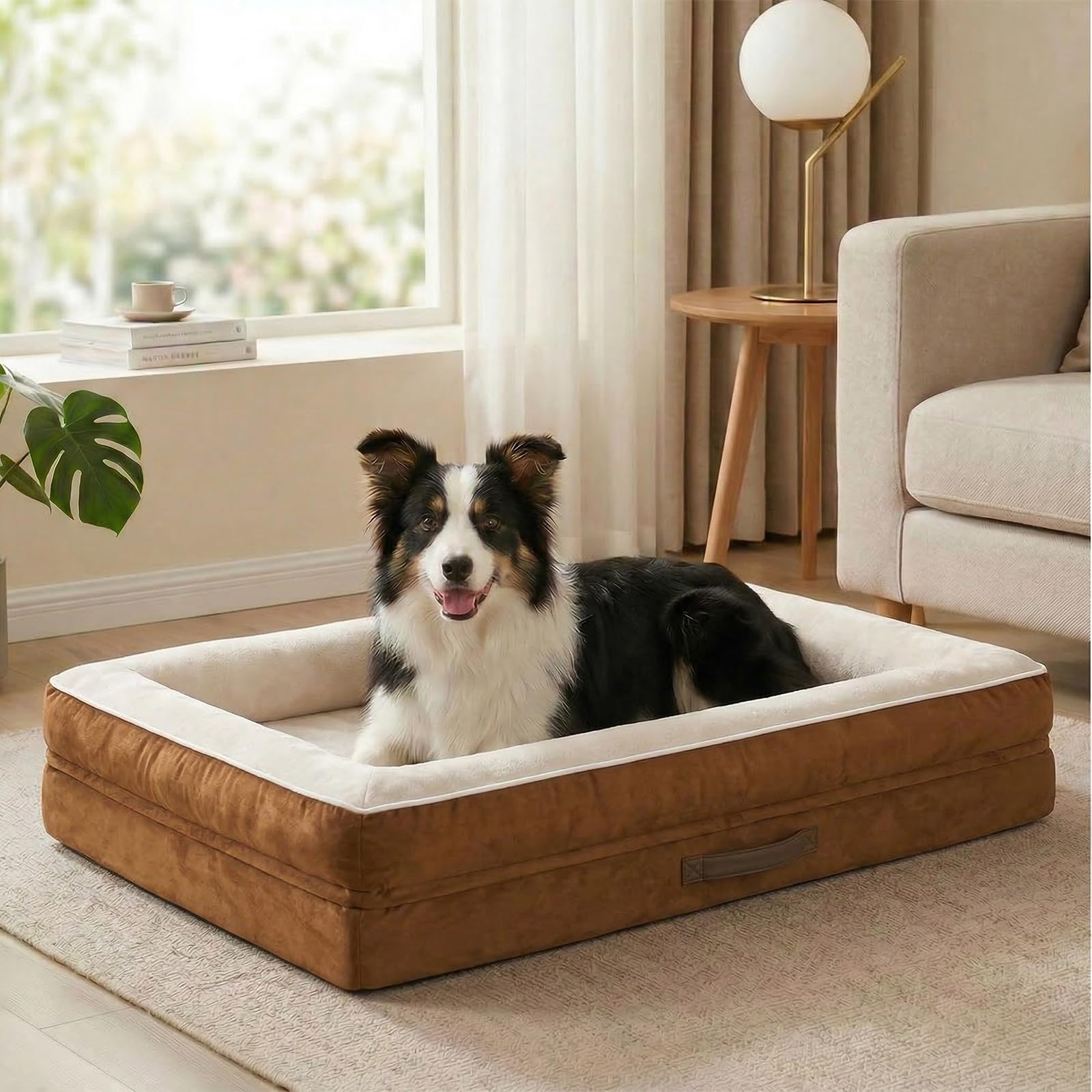 Renvix Large Orthopedic Dog Bed, Waterproof Dog Sofa Bed with Removable Washable Cover, Soft Egg Foam Pet Bed, Non-Slip Bottom and Four-Sided Bolster Cushion(Brown, 91x61x18cm) — image 1