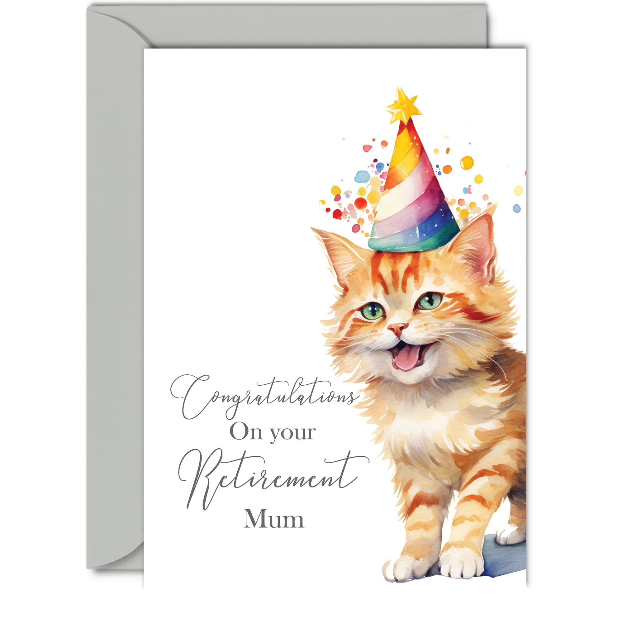 Retirement Card for Mum - Party Cat Kitten - Leaving Cards for Mum from Son Daughter, Congratulations on your Retirement, A5 Happy Retirement Card Greeting Cards