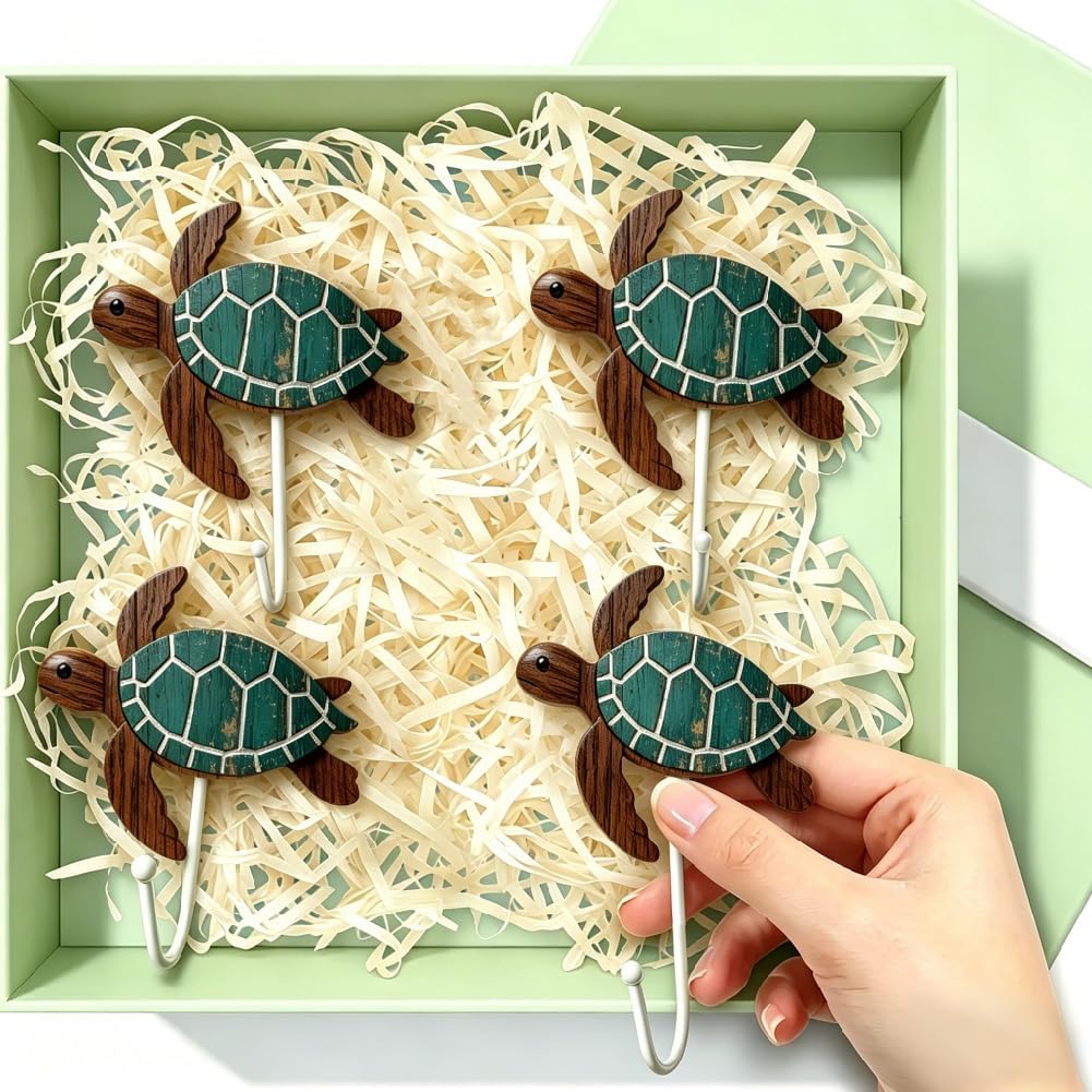 4Pcs Sea Turtle Coat Hook for Wall 4 x 4 Inch, Wooden Ocean Animal Hooks Wall Mounted Decorative Single Key Rack with Screw for Home Bedroom Bathroom Towels Bags Hats Decorations Gifts