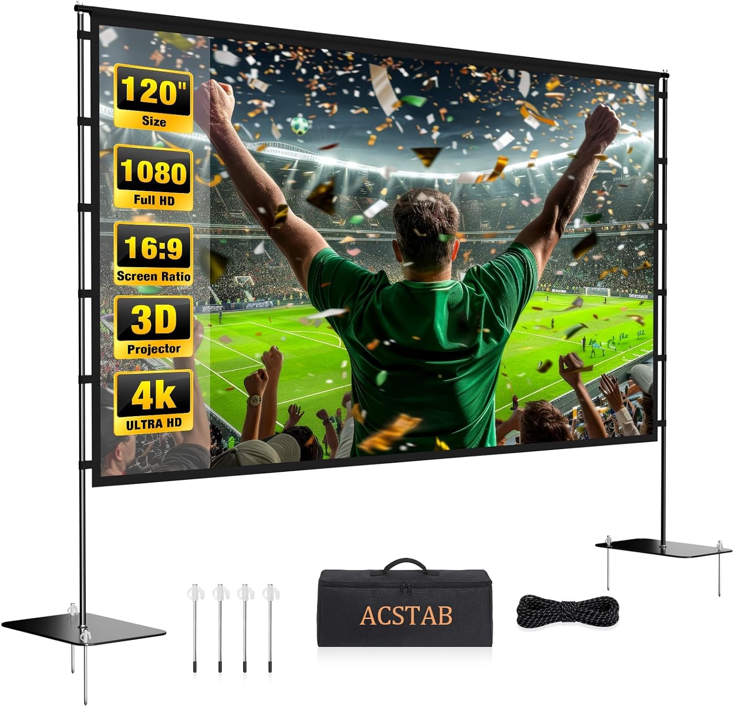 Outdoor Projector Screen with Stand - 120 Inch Portable Projector Screen Outdoor Indoor Projection Screen 16:9 4K HD Movie Screens with Carry Bag Can Enjoy Home Theater Projection Screens ACSTAB 120PS
