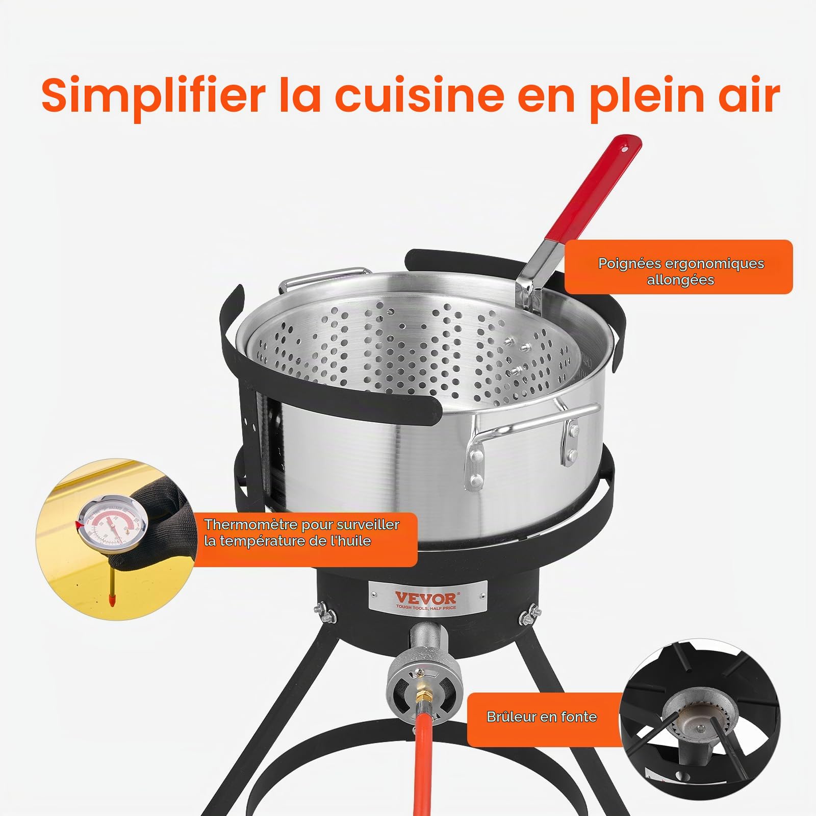 VEVOR Friteuse à poisson et ailes 9,35 l, kit de friteuse au propane en aluminium, friteuse extérieure pour fruits de mer avec thermomètre, passoire et brûleurs au propane 54000 BTU pour patio camping