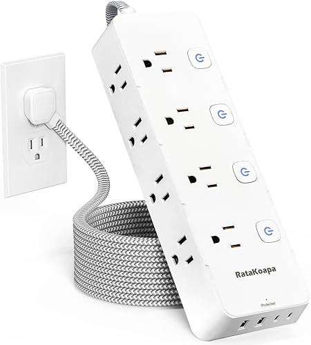 Regleta protectora de sobretensiones de 10 pies, 8 salidas de CA, 4 puertos USB (2 USB C), cable de extensión de enchufe plano con múltiples tomas,