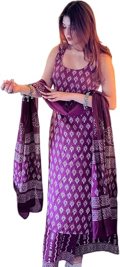 SHISHKALA Women Purple Printed Kurta Set with Dupatta | Sleeveless Straight Long Kurta | Festive &amp; Party Ethnic | wedding