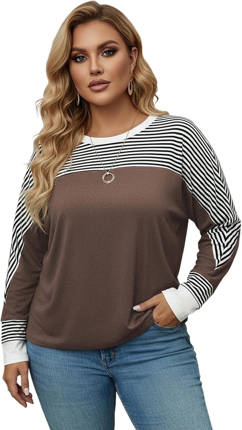 Women's Plus Size Striped Long Sleeve T Shirts Fall Crew Neck Dressy Casual Work Tops