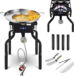ARC 200,000BTU Propane Burner Camp Stove Removable Legs, With 3" Concave Comal Set,Stainless Steel Griddle Fryer Cookware Set, Paella Burner,Outdoor Burners for Outdoor Cooking