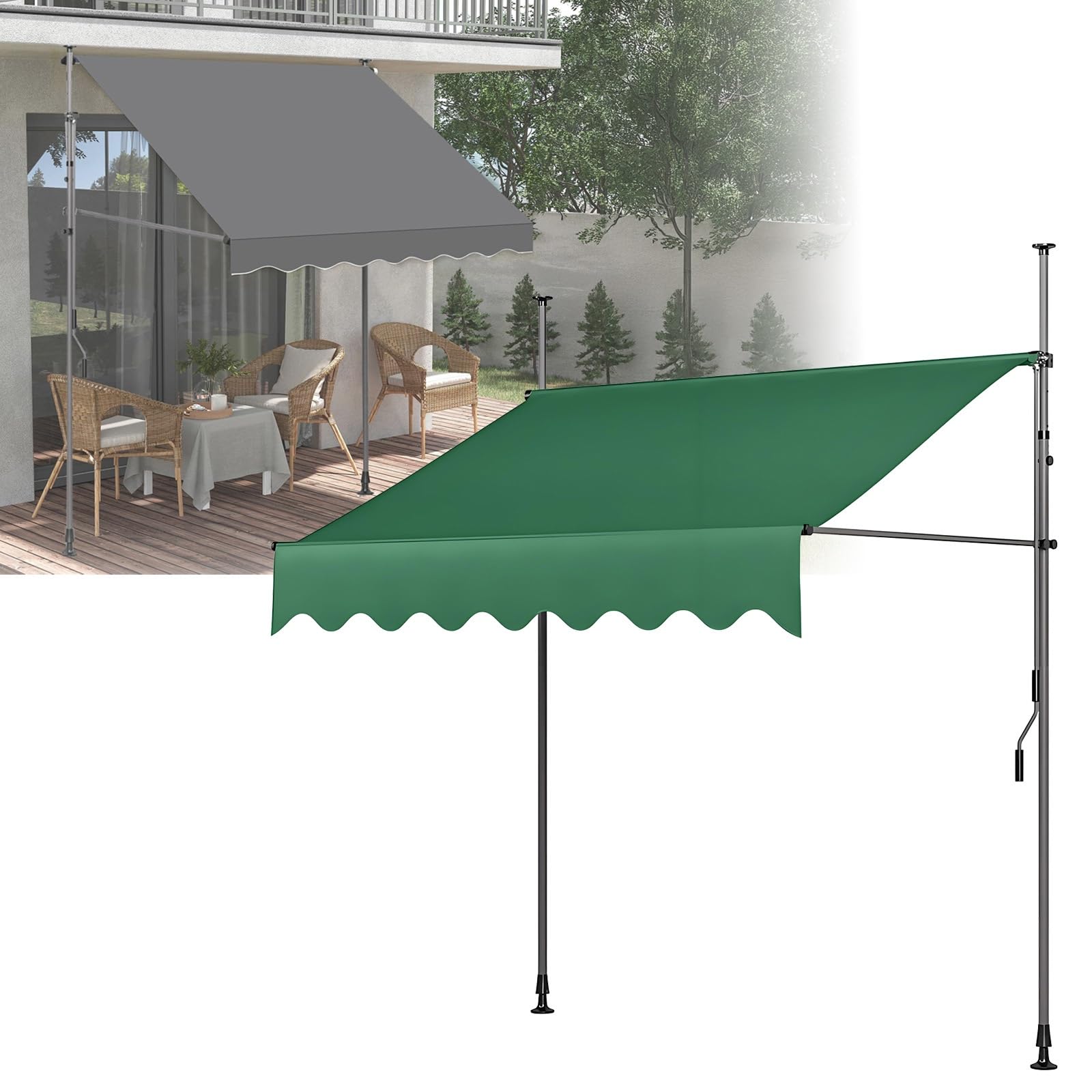 Toldo Terraza Manual Regulable en Altura con Manivela, Toldos Exterior Terraza Retractil Resistente a Rayos UV Manivela Sin Taladro Protección Solar y Repelente al Agua para Terraza Balcón(Verd