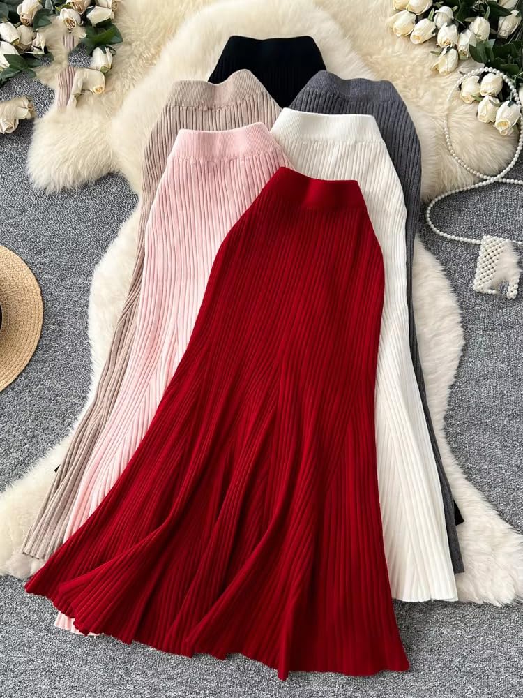 Gonna Midi da Donna a Sirena in Maglia a Coste a Vita Alta