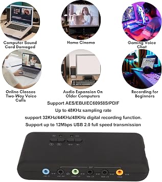 USB 7.1 External Sound Card 8-Channel 12Mbps USB Soundbox 32KHz/44KHz/48KHz Stereo Dual Microphone Input for PC Laptop Computer