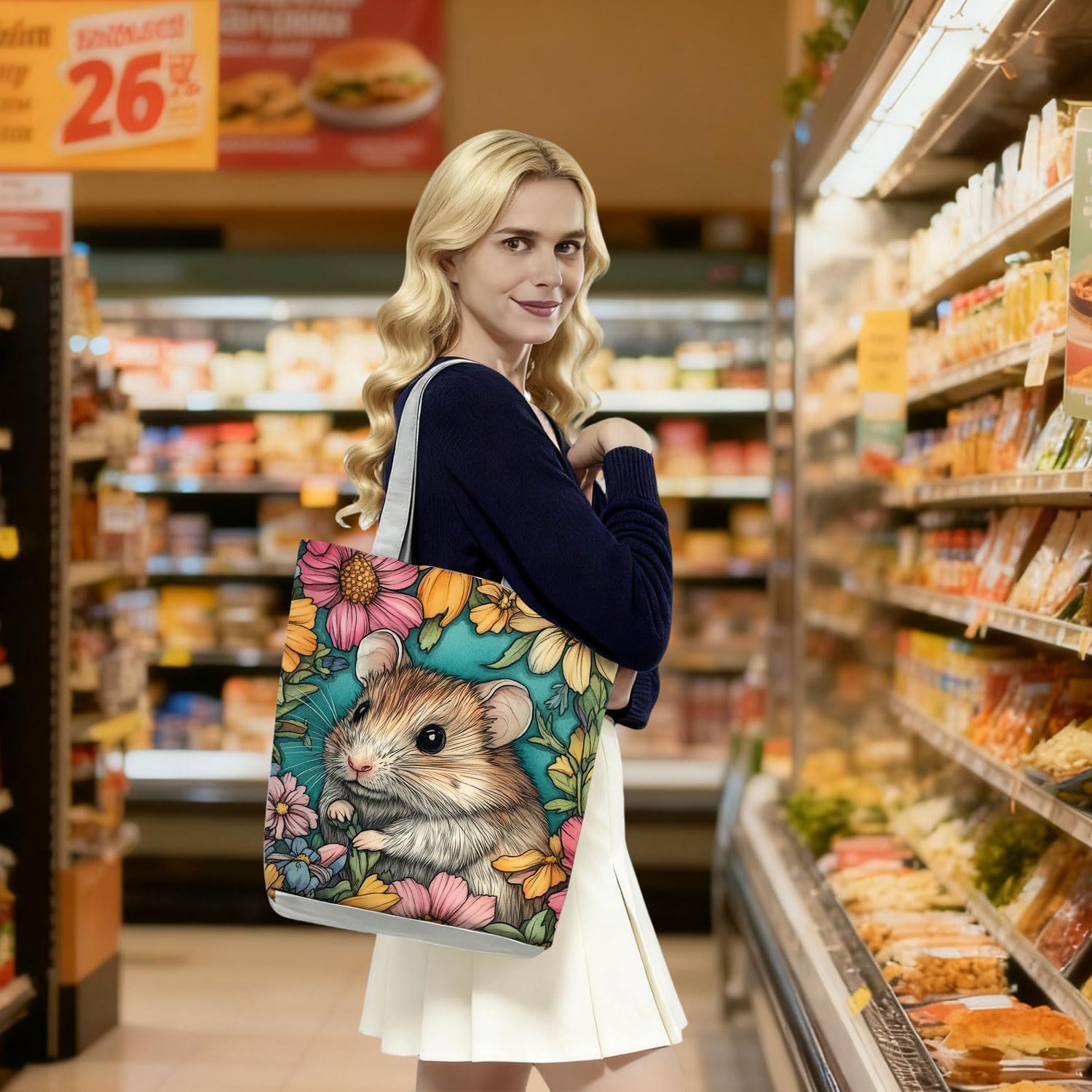 Adorable Hamster Flower Garden Print Tote Bag Outdoor Activities​ Travel Handbag Daily Use Zipper Closure Shoulder Bag Charming Gift for Birthday Christmas for Pet Lovers Sister Women image 2