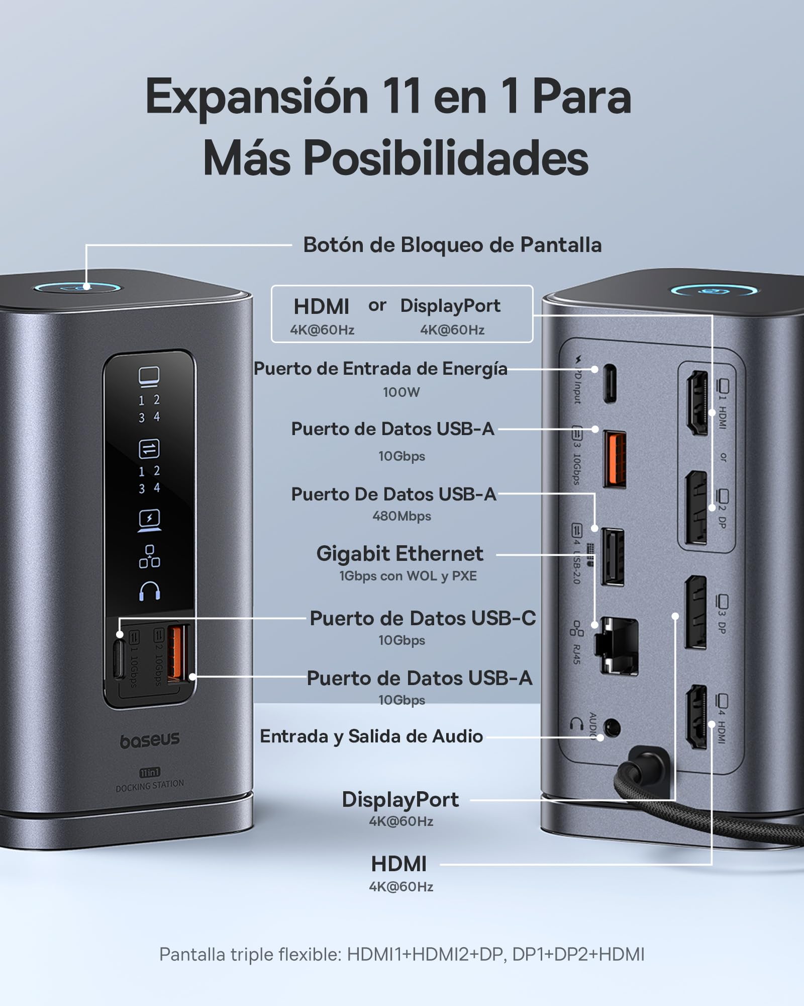 Baseus Spacemate 11 en 1 Docking Station 3 Monitores para Windows, con Pantalla Inteligente, 4K HDMI/DP, 10Gbps USB-C/A, 100W PD, Ethernet, Audio, Compatible con HP/Lenovo/DELL/Acer