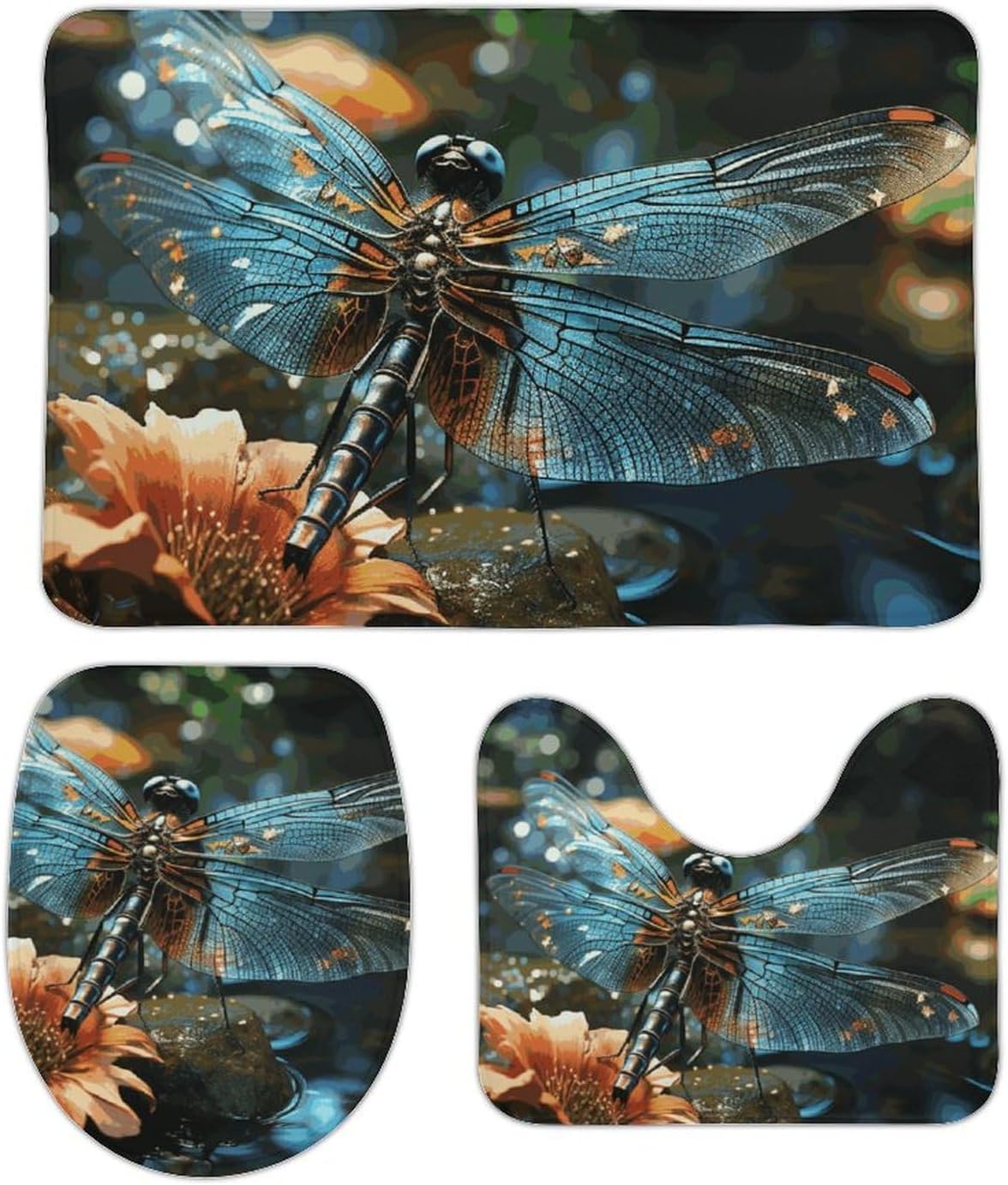 Anti-Skid Floor Mats 3 Piece Set,Dragonfly Flying on The Pond Printed Coral Fleece Bathroom Mats U-Shaped Contour Mat Toilet Seat Cover for Bathroom, Tub, Shower, Kitchen 19.7"x31.5"
