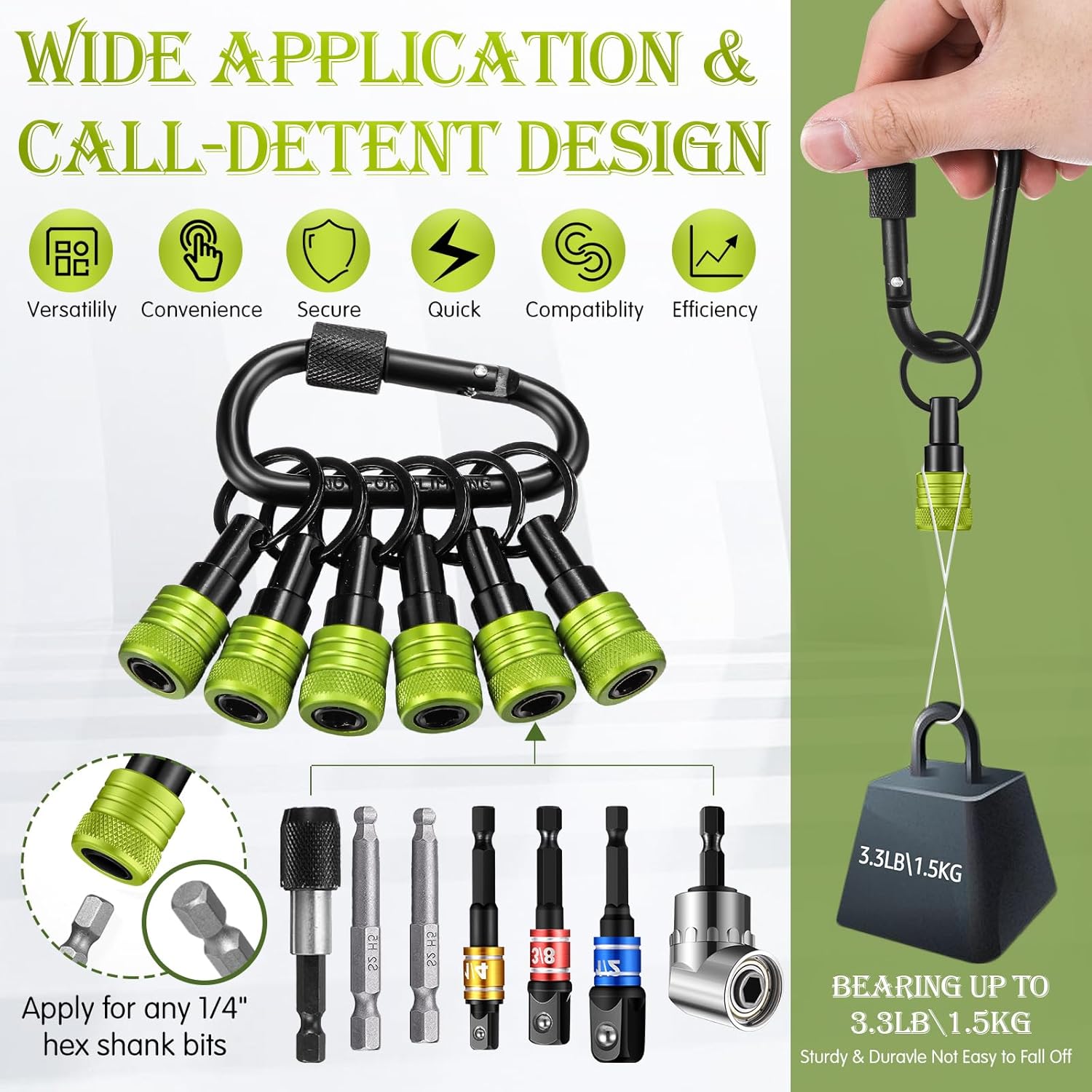 Threlaco 24 Pcs Upgraded Flexible Drill Bit Extension, Bit Holder Keychain, 1/4 3/8 1/2 Socket Hex Shank Quick Release Screwdriver 105 Degree Right Angle Driver for Drills Men Gifts (Green)