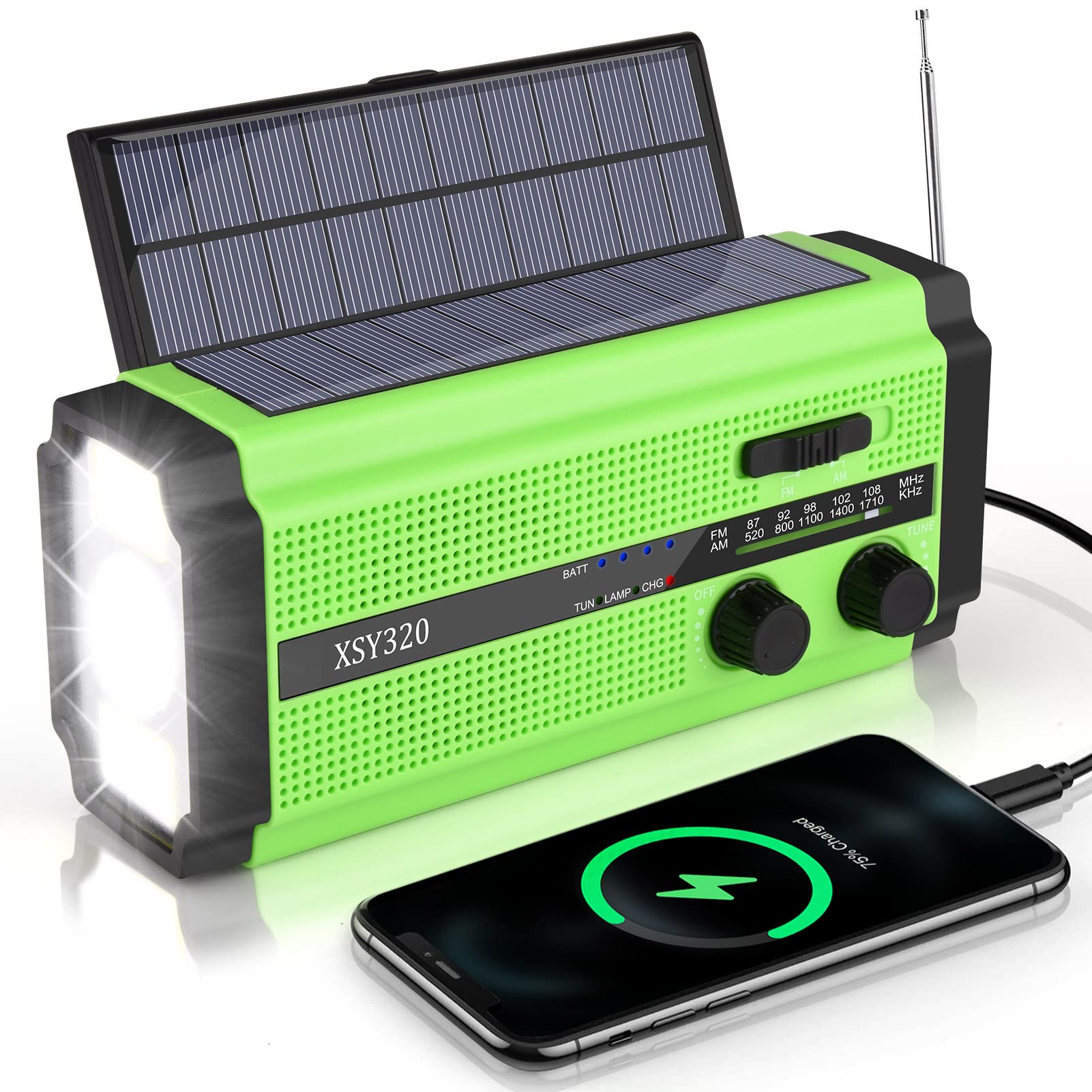 Gindoly Radio słoneczne AM/FM, przenośne radio awaryjne, 5000 mAh, ładowalne radio dynamo, z latarką LED i lampką do czytania, alarm SOS do wędrówek, biwakowania, aktywności na świeżym powietrzu, w