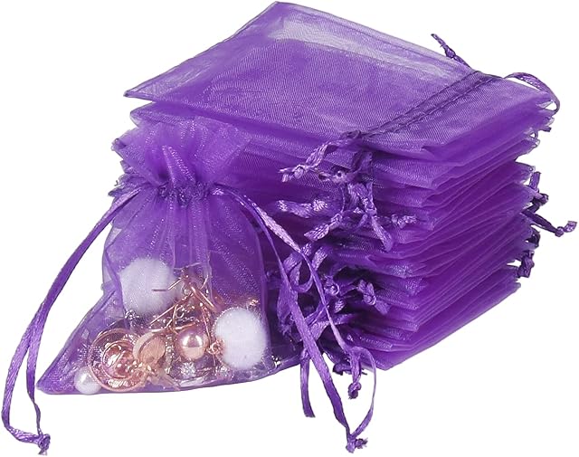 YQL 100PCS Purple Organza Bags Small, 8x10cm Mesh Wedding Favour Drawstring Bags for Jewelry Makeup Shower Favors Valentine Party Christmas Festival Packing