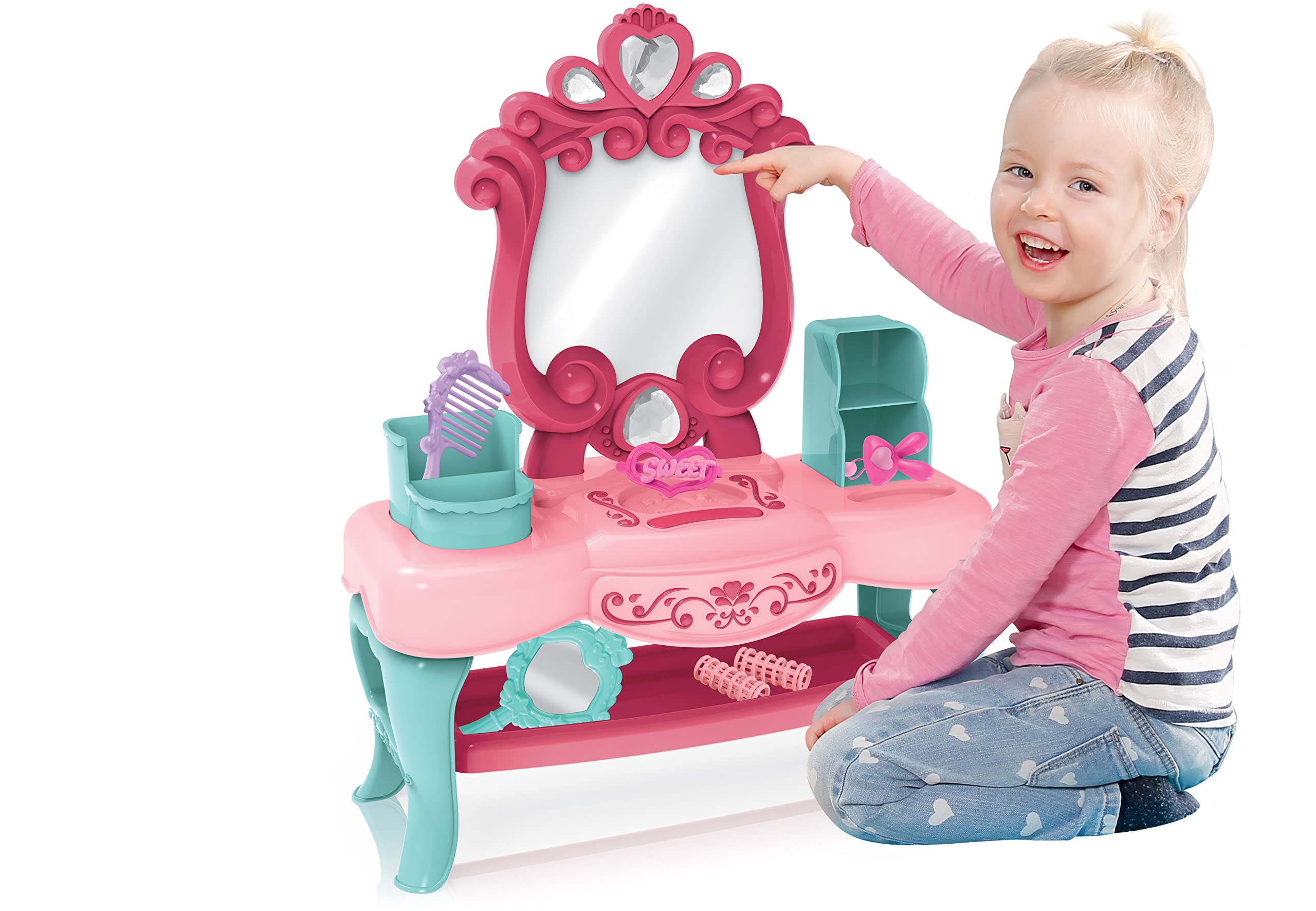 Nothing But Fun Toys Let's Pretend Lights & Sounds Vanity Playset - Kids Beauty Salon Set Includes 6 Accessories for Pretend Play Designed for Kids 3+ Years