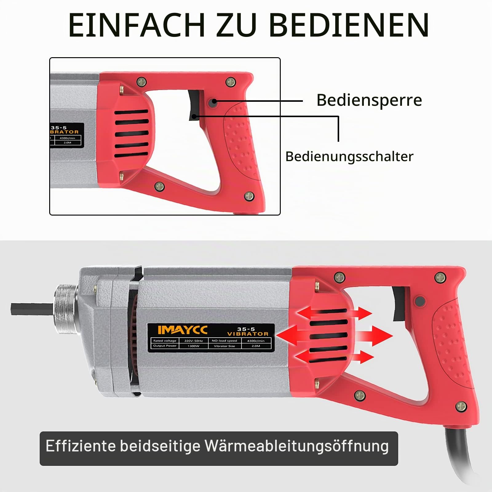 IMAYCC Elektrischer Betonrüttler, 1300W Innenrüttler Flaschenrüttler, 2M Vibrationsstablänge Betonvibrator, 4300 U/min Rührwellendrehzahl, 35mm Vibrationswellen durchmesser