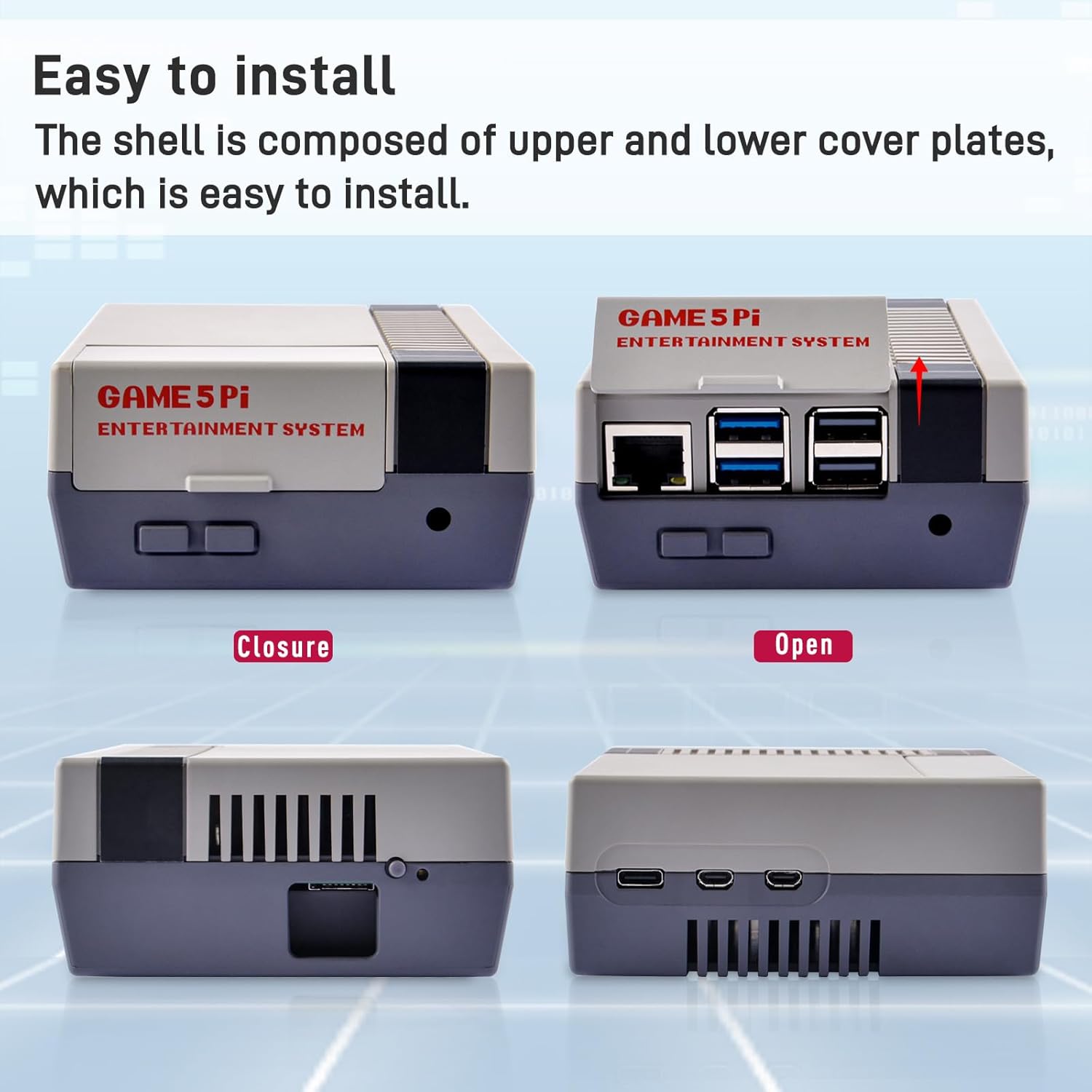 Diagram showing how the GeeekPi Game5Pi case opens and closes for easy installation.