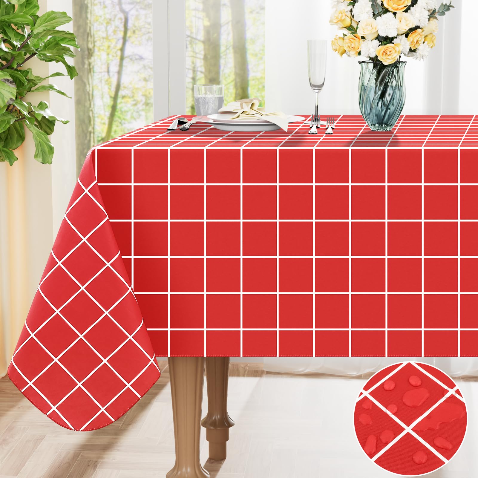 Spotjoy Rectangle Table Cloth, Waterproof Vinyl Tablecloths with Flannel Backing, Wipeable Plastic Plaid Table Cover for Dining, Picnic, Indoor and