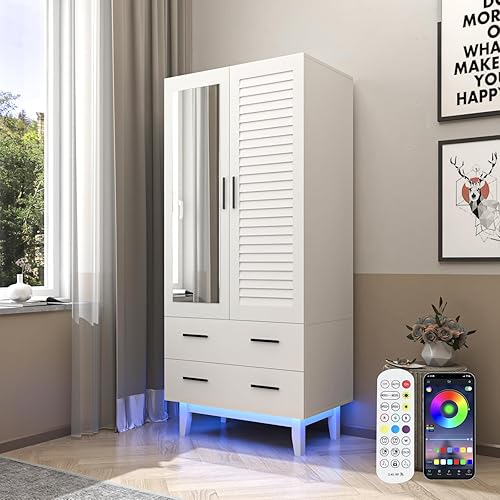 Miniatura 3 de 2 Door Armoire Wardrobe Closet Cabinet with Mirror, Drawers and LED Lights, Multi-Tier Shelves, Hanging Rod & 2 Louver Doors, Large Capacity Storage