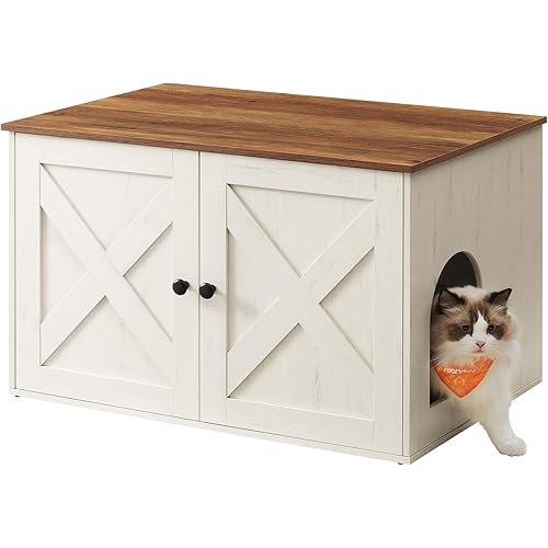Feandrea Cat Litter Box Enclosure, Litter Box Furniture Hidden with Removable Divider, Indoor Cat House, End Table, 31.5 x 20.9 x 19.7 Inches, Honey Brown and Rustic White UPCL002P01