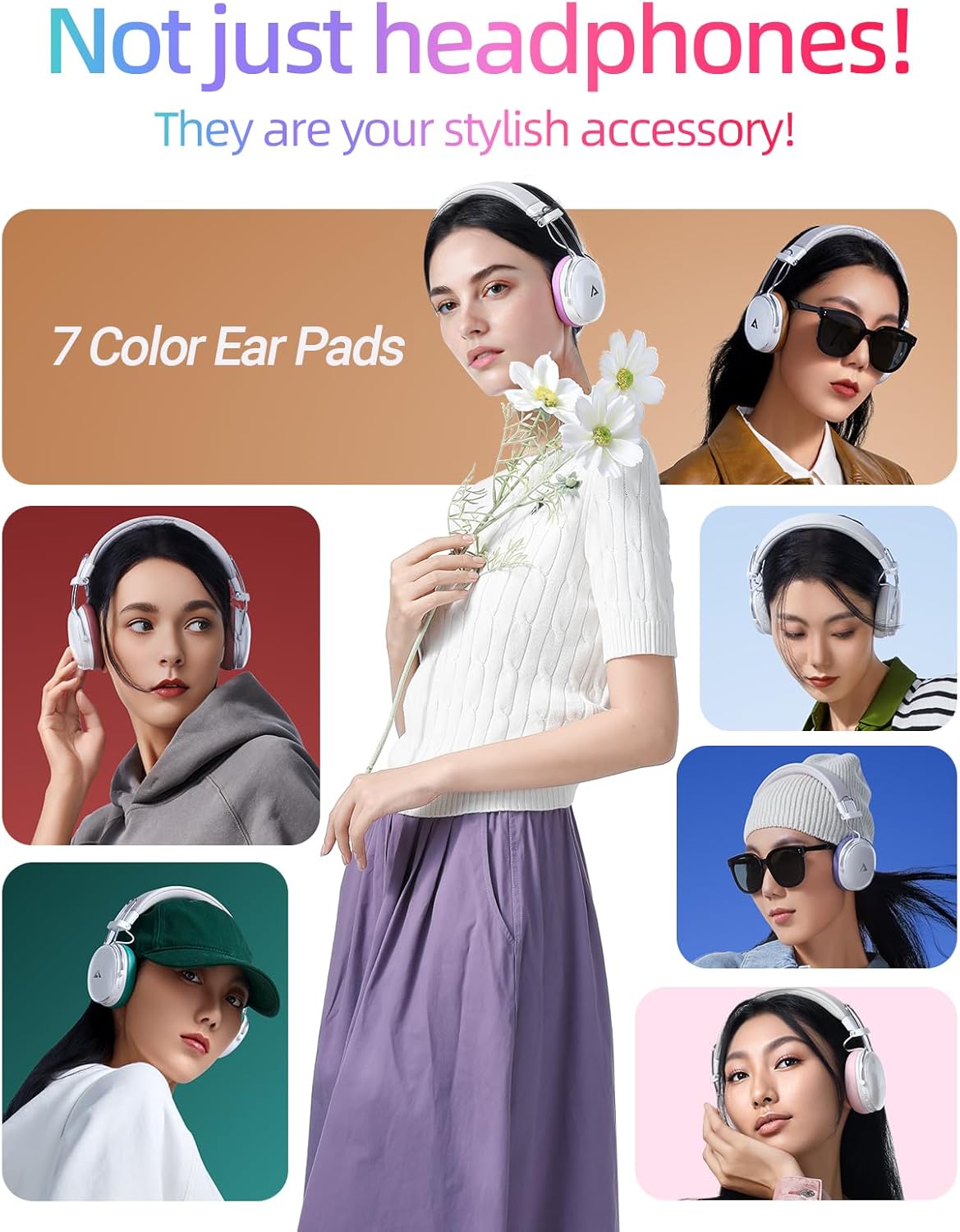 Close-up image demonstrating how to remove and install the interchangeable ear pads on the ACEFAST H7 headphones.