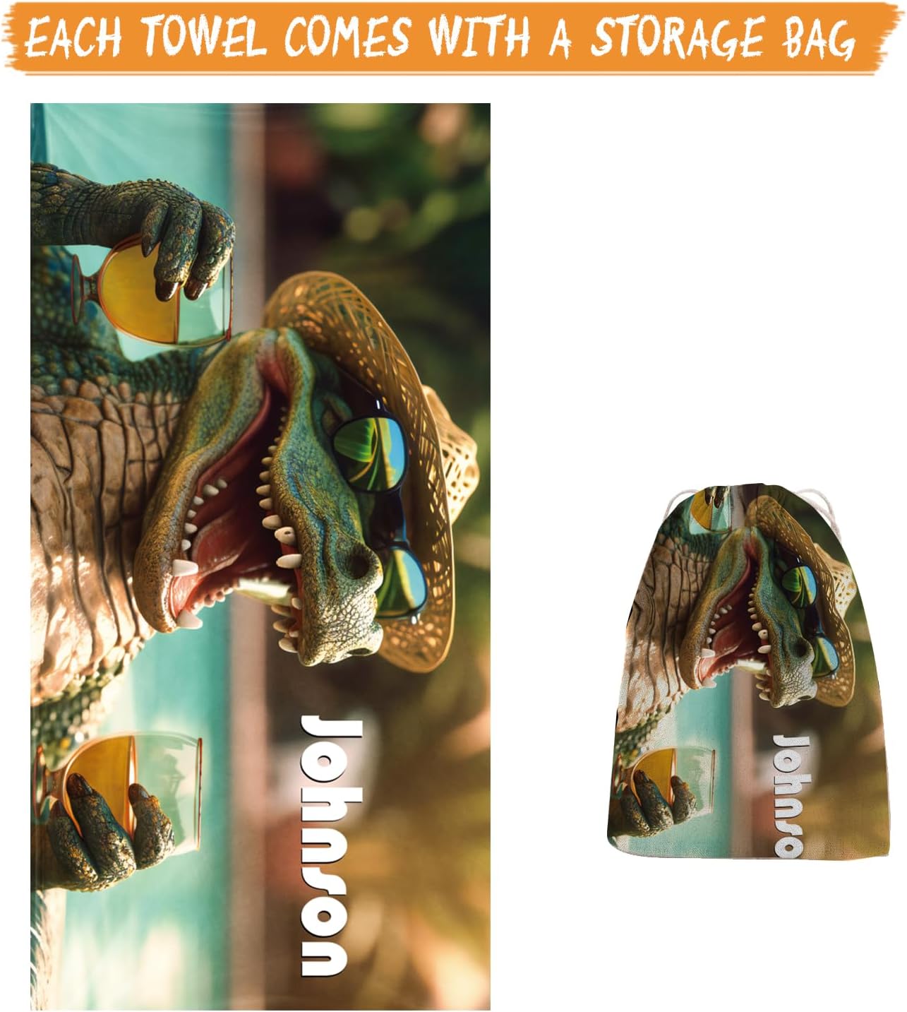 Personalized Beach Towel with Bag - Custom Name with Animal Selfies Design - Oversized Soft Absorbent Microfiber Bath Pool Towels for Baby Kids Adults Boys Girls Gifts Color05-Crocodile