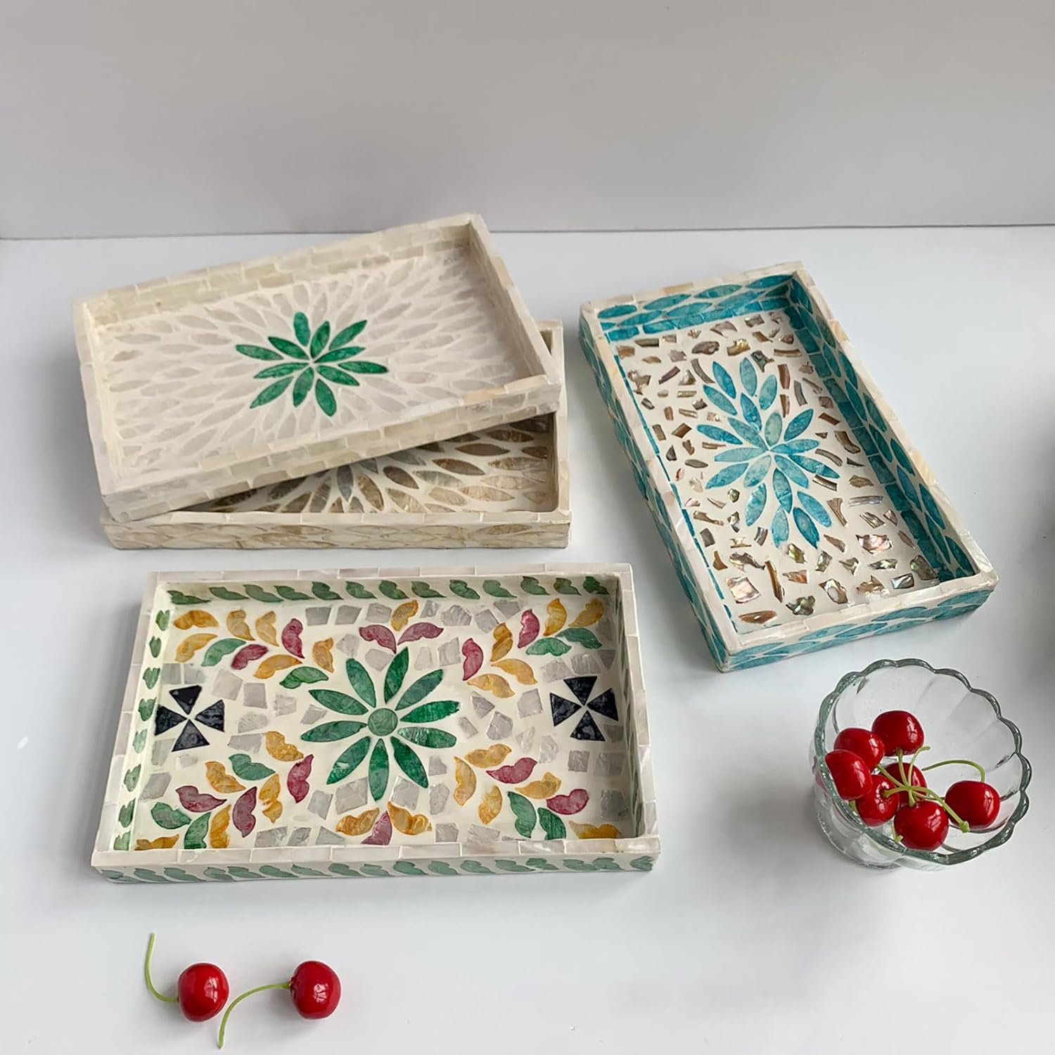 Mother of Pearl Inlay Wooden Tray – Handmade Decorative Rectangle Serving Tray for Coffee Table, Kitchen, Bathroom, Vanity or Living Room Decor,Blue Leaves