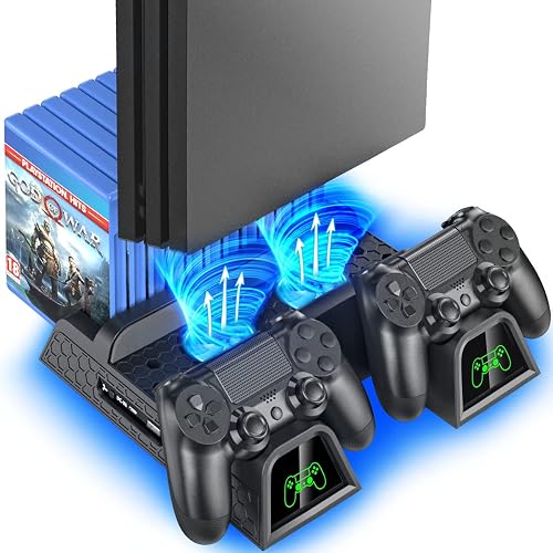 OIVO PS4 Stand with PS4 Cooling Fan Cooler for Playstation 4/PS4 Slim/PS4 Pro, PS4 Pro Vertical Stand with PS4 Controller Charger Dock Station and 12 Game Slots