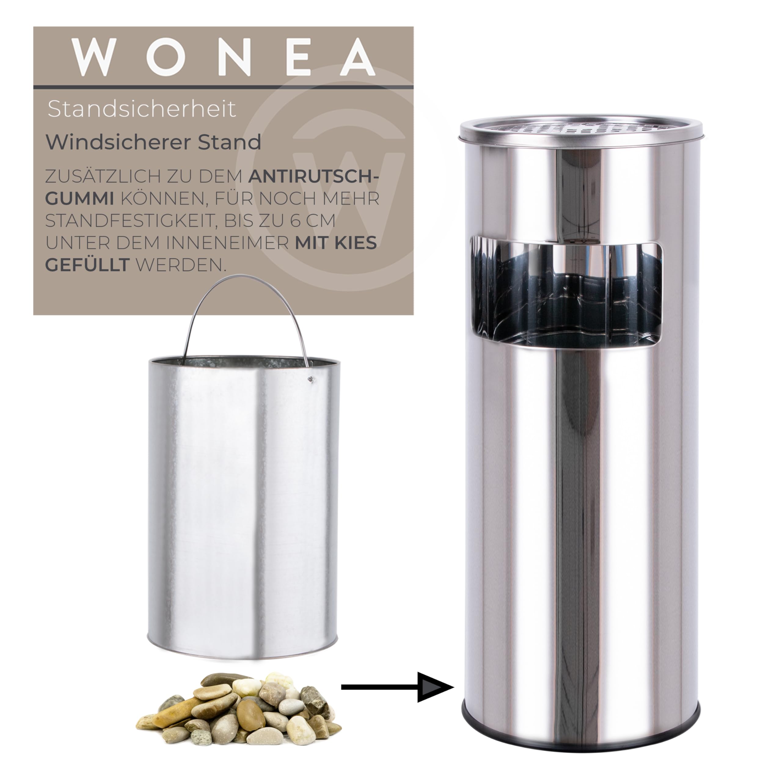 WONEA - 30L Standaschenbecher für draußen Edelstahl Silber Metall 61cm groß Outdoor Aschenbecher mit Mülleimer mit Inneneimer Abfalleimer für draußen, Aschenbecher mit Sand befüllbar