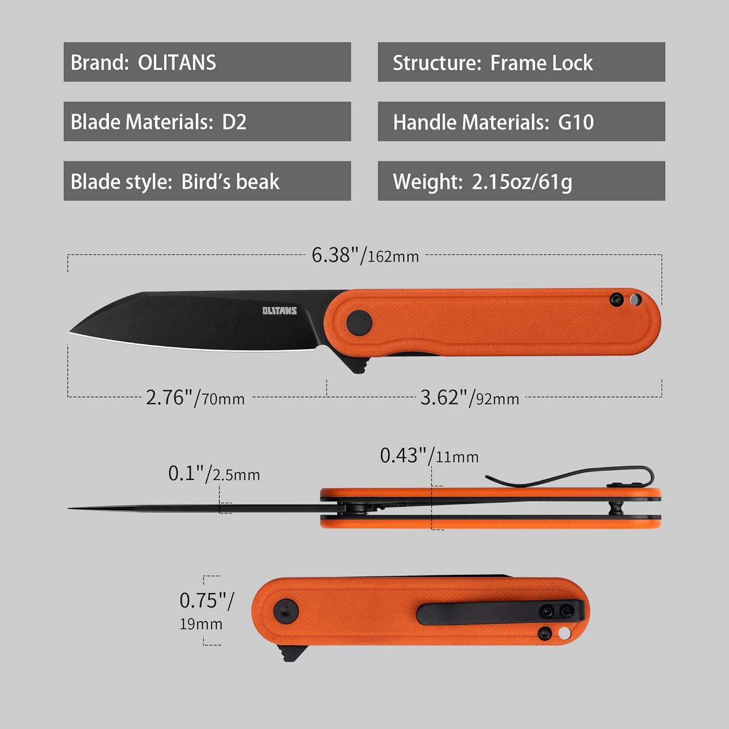 OLITANS G067 Folding Knife 2.75" D2 Wharncliffe Blade White G10 Handle, Camping Pocket Knife With Deep Carry Clip Outdoor EDC