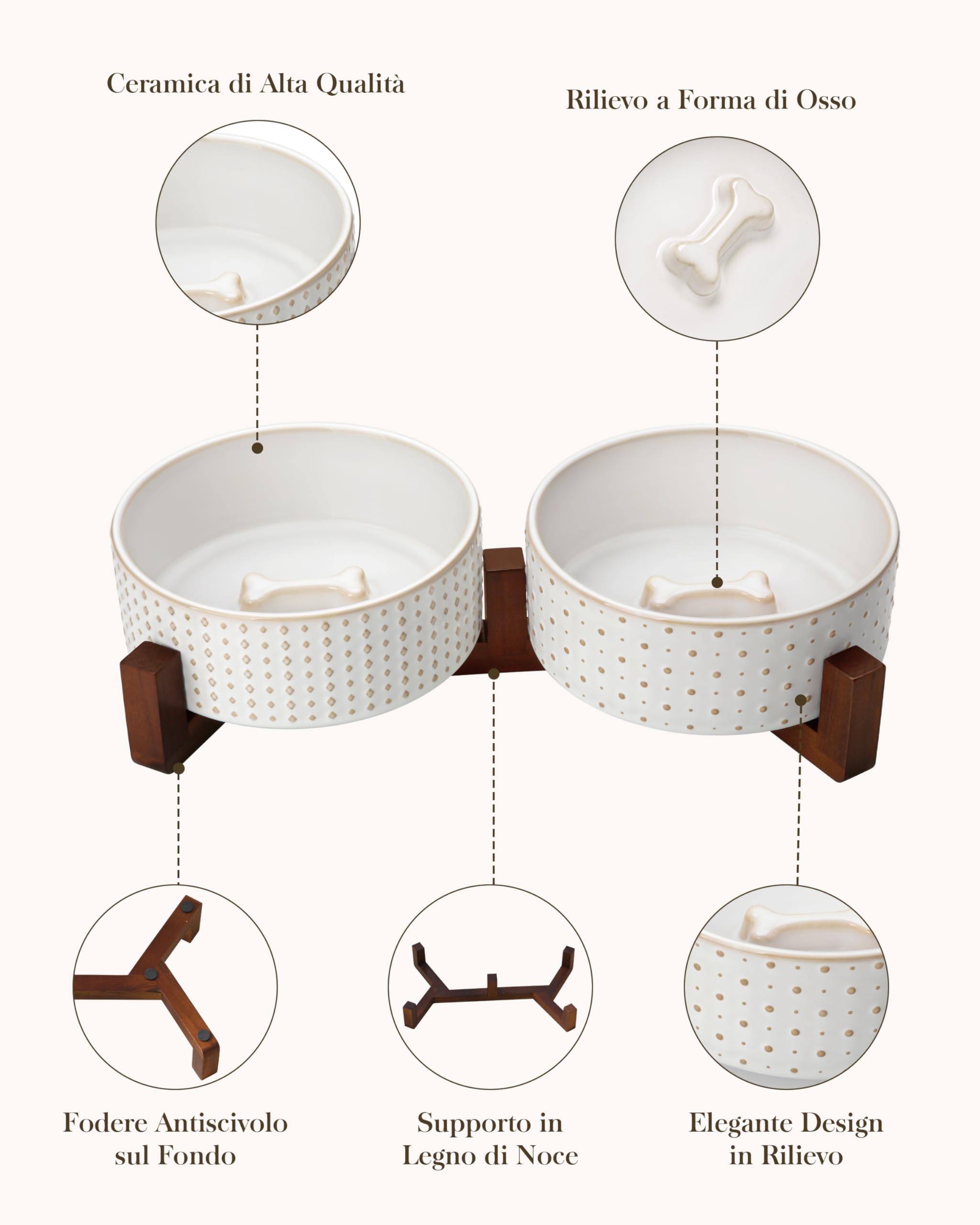 MALACASA Set di ciotole per cani, ciotole in ceramica con supporto in legno di noce, 3,5 tazze | Design a rombi e pois, base antiscivolo, per cani e gatti, circa il 26% più pesante rispetto alle ciotole in ceramica simili