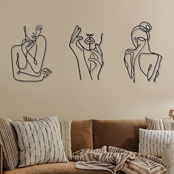 Photect 3 Pcs Metal Wall Art Decor Minimalist Abstract Woman Wall Art Metal Modern Line Drawing Decor Female Single Line Home Hanging for Bedroom Bathroom Living Room HousewarmingCute,Black