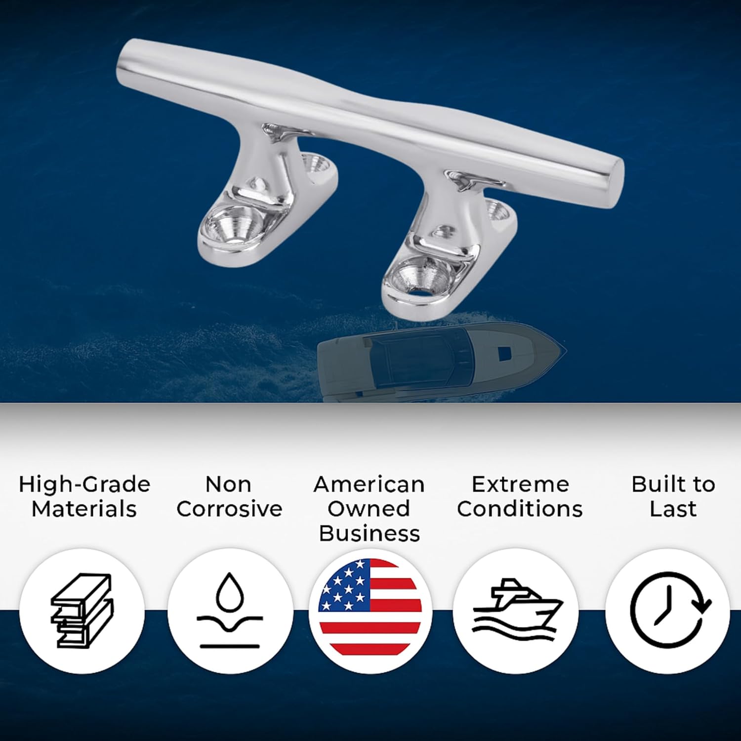 White Water - 4" Herreshoff Boat Cleat – Polished Chrome-Plated Zamak Cleat w Open Base & 1/4" Mounting Holes for Light-Duty Tie-Downs on Boats, Docks, Kayaks, RVs, and Home Projects - 53040CZ