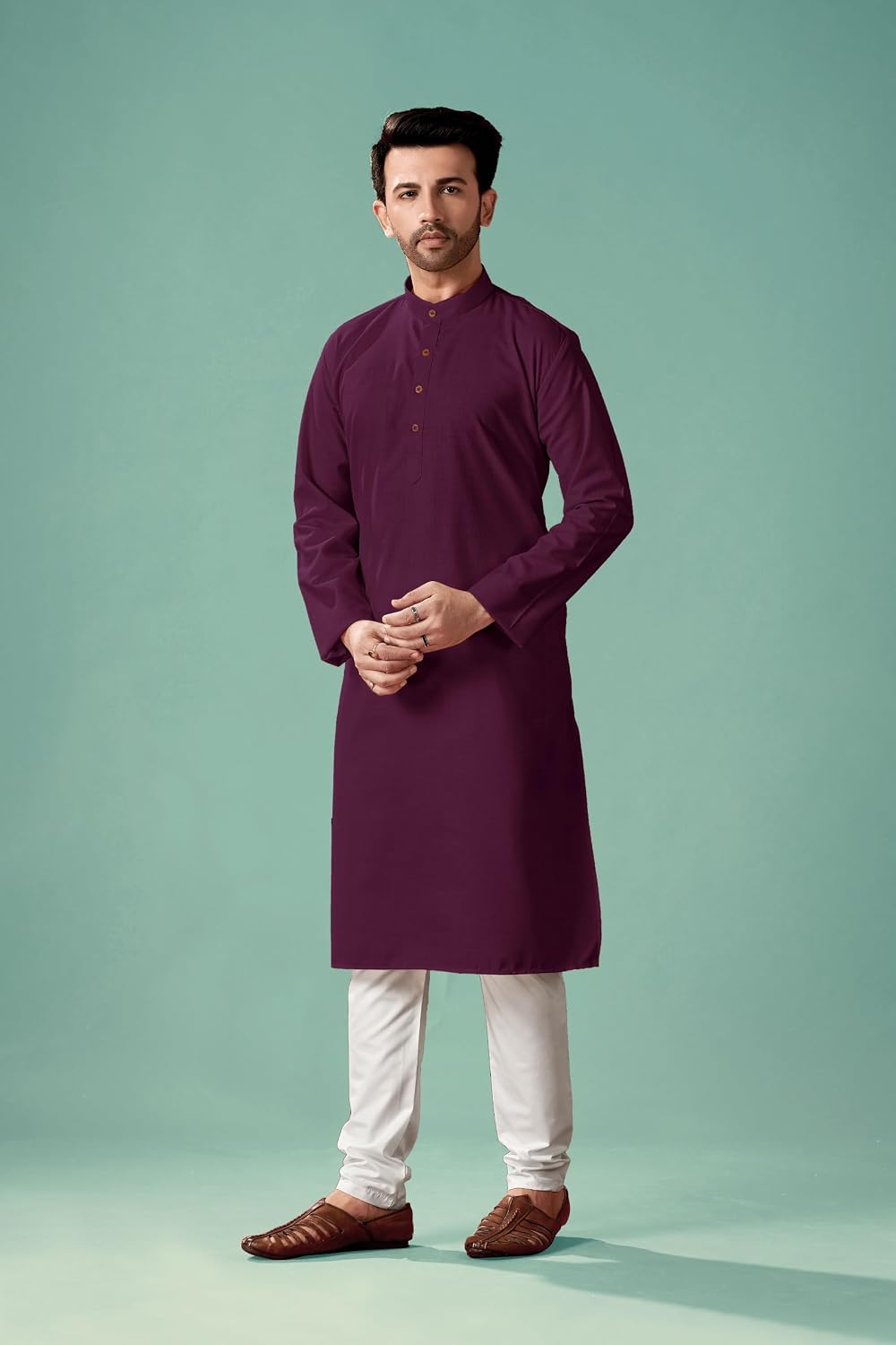 In-Sattva Men's Indian Classic Banded Collar Pure Cotton Long Kurta Tunic; Ruby Wine; MD