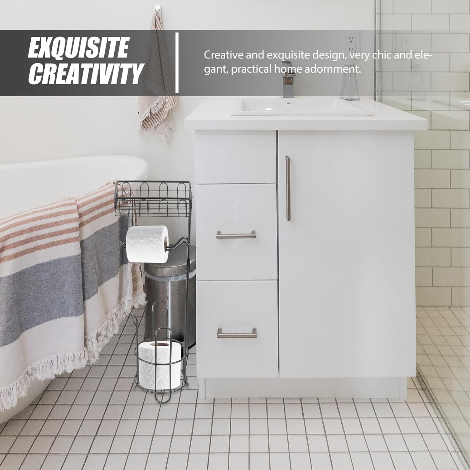 Bathroom Iron Toilet Paper Holder Stand, Black Roll Paper Dispenser Storage Rack for Bathroom Organizing