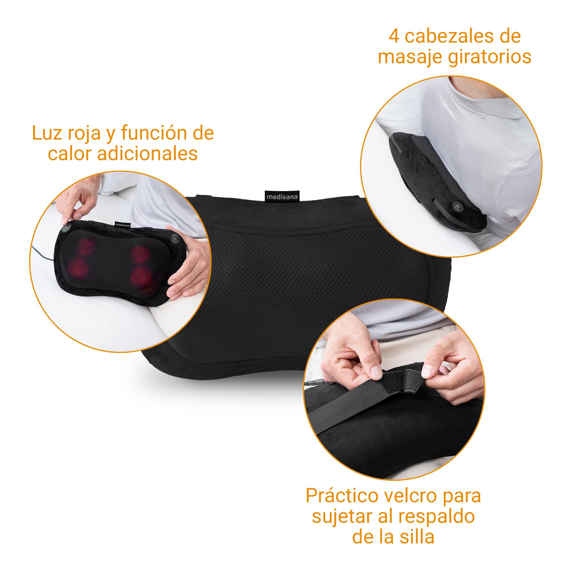 medisana MC 200 Cojín de masaje Shiatsu con función de calor, 4 cabezales de masaje giratorios, función de luz roja para cuello, hombros, espalda y piernas
