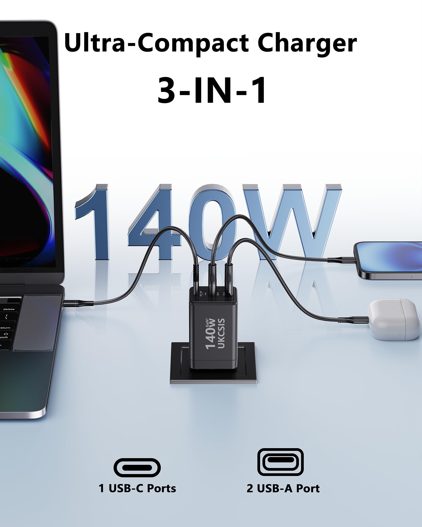 140W USB C Charger Block - UKCSIS 3-Port GaN Fast Chargers 2 Pack, Foldable USB C Wall Charger, Compact 100W Laptop Adapter, for MacBook Pro/Air, iPad Pro, Galaxy, iPhone Series, Black